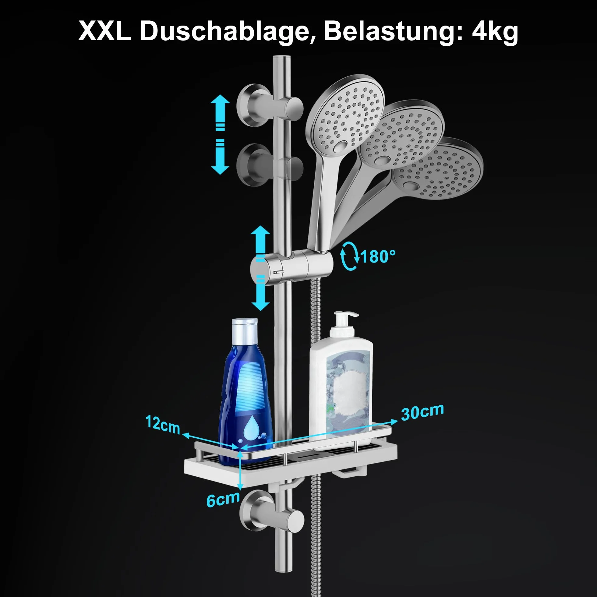 Görbach Colonna doccia Cromata 70 cm in Acciaio Inox a Parete con Mensola Doccia Asta doccia con Staffe di Fissaggio Regolabili, senza Rubinetto,con Doccetta a 3 funzione (HBD12CP + Mensola)