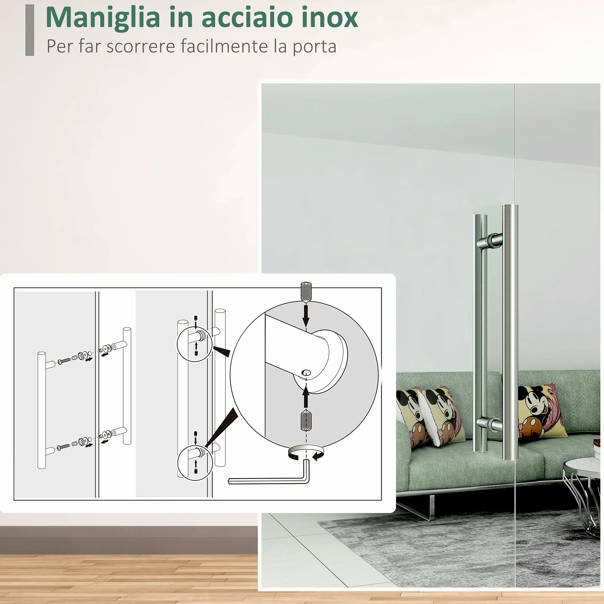 HOMCOM Porta Scorrevole in Vetro Trasparente con Binario e Maniglia in Alluminio per Bagno Cucina Studio 210x75x0.8cm