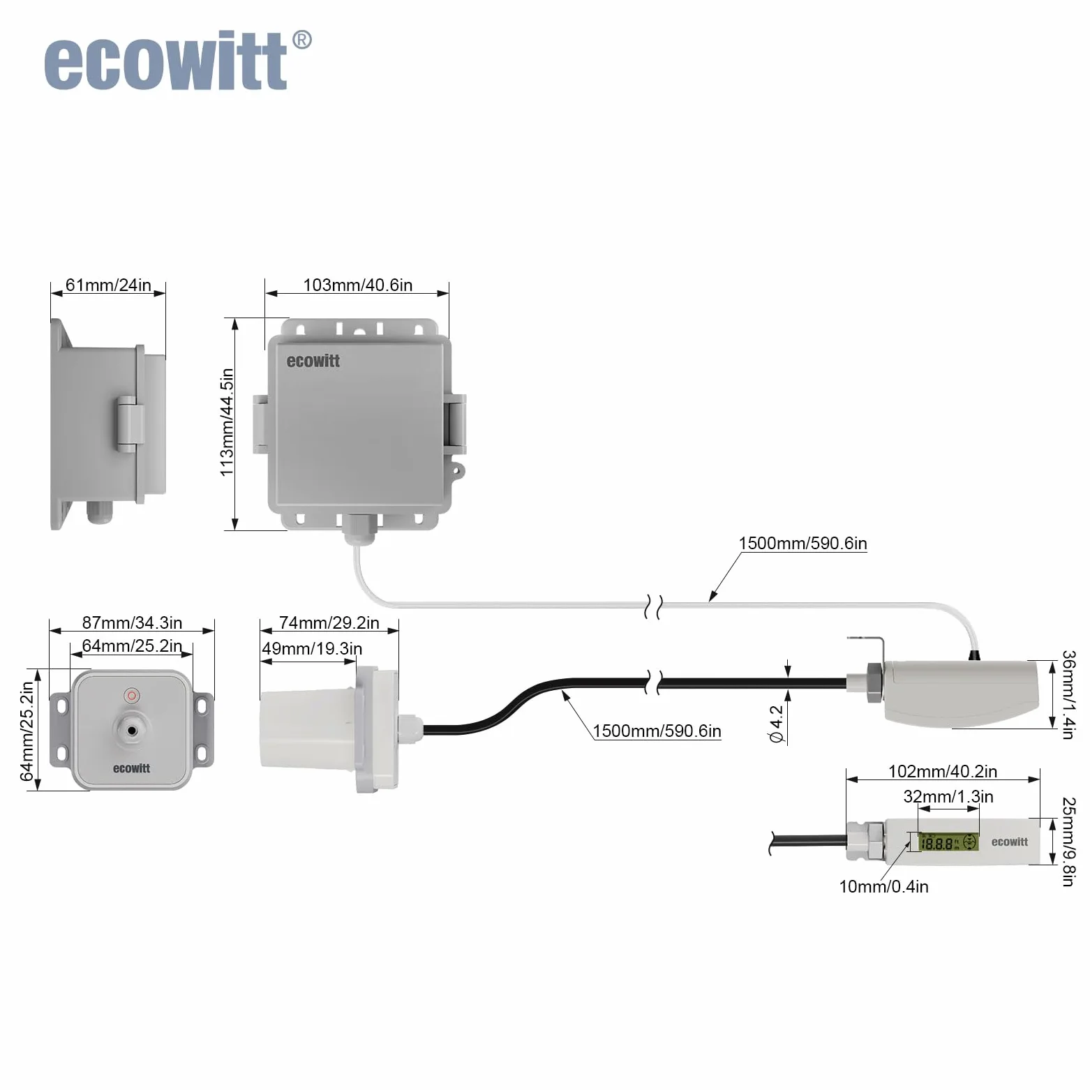 ECOWITT LDS01 Misuratore di distanza laser, dispositivo di misura laser da 4 m con cavo da 1,5 m, strumento di misura laser da esterno per livello dell'acqua/neve/profondità dell'olio con display LCD