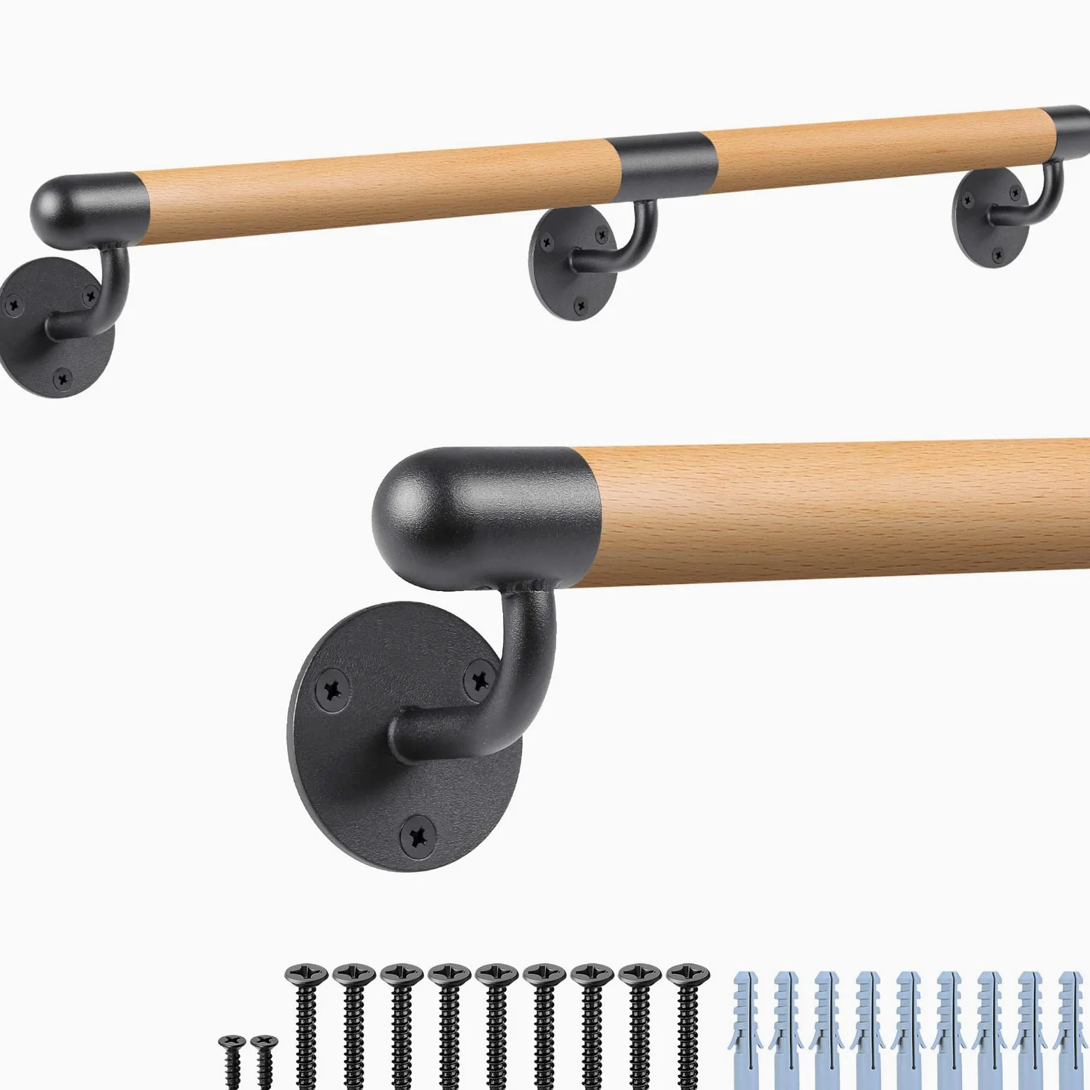 Dolibest Corrimano in Legno 150cm per Scale Interne Con Staffe in Metallo - Barra a Parete Senza Barriere per Anziani