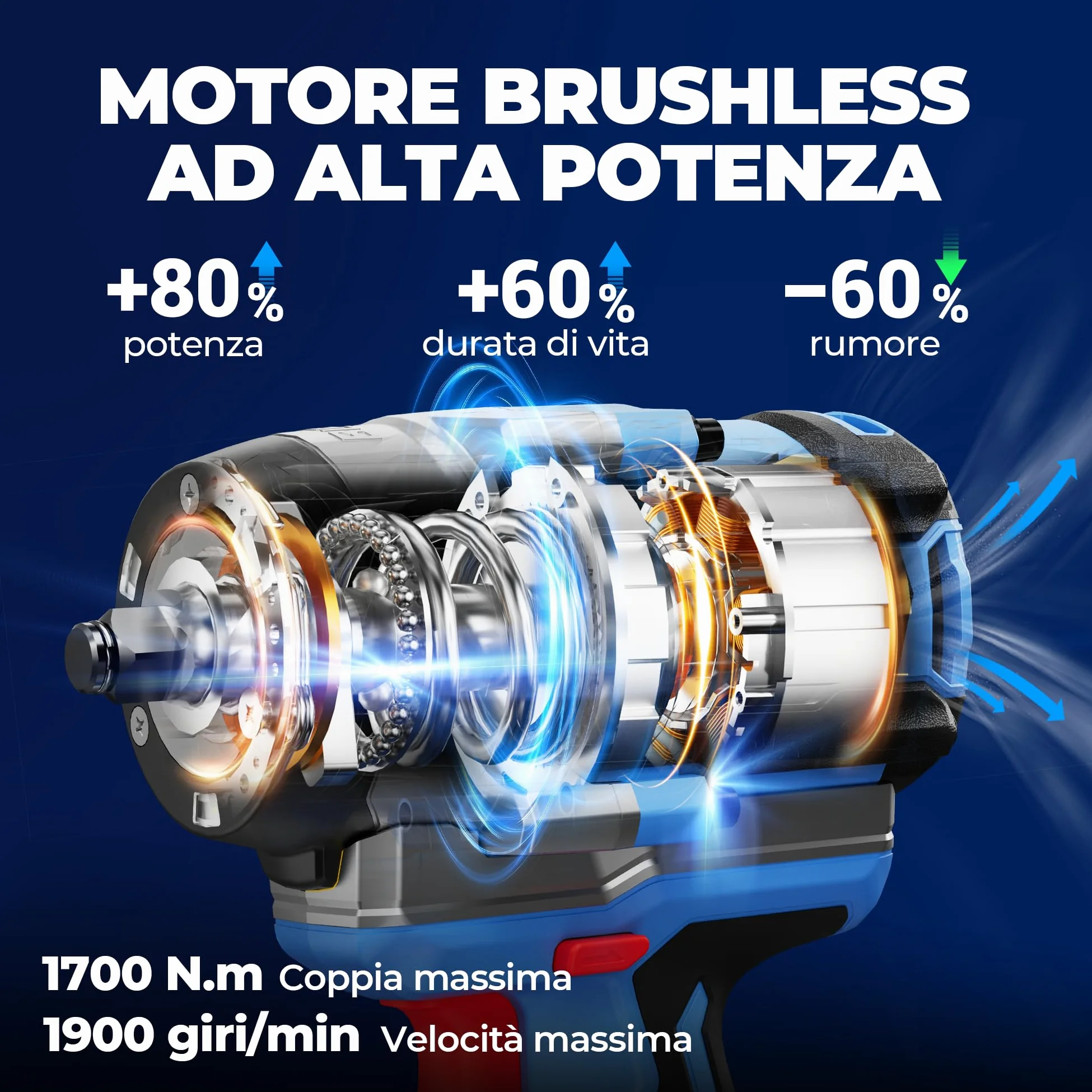 Dong Cheng Chiave a impulsi senza fili Brushless 1/2", 1700 Nm, 3 vel. 0-1900 giri/min, 2x5,0Ah + carica rapida + 3 bussole, per bulloni arrugginiti M10-M24