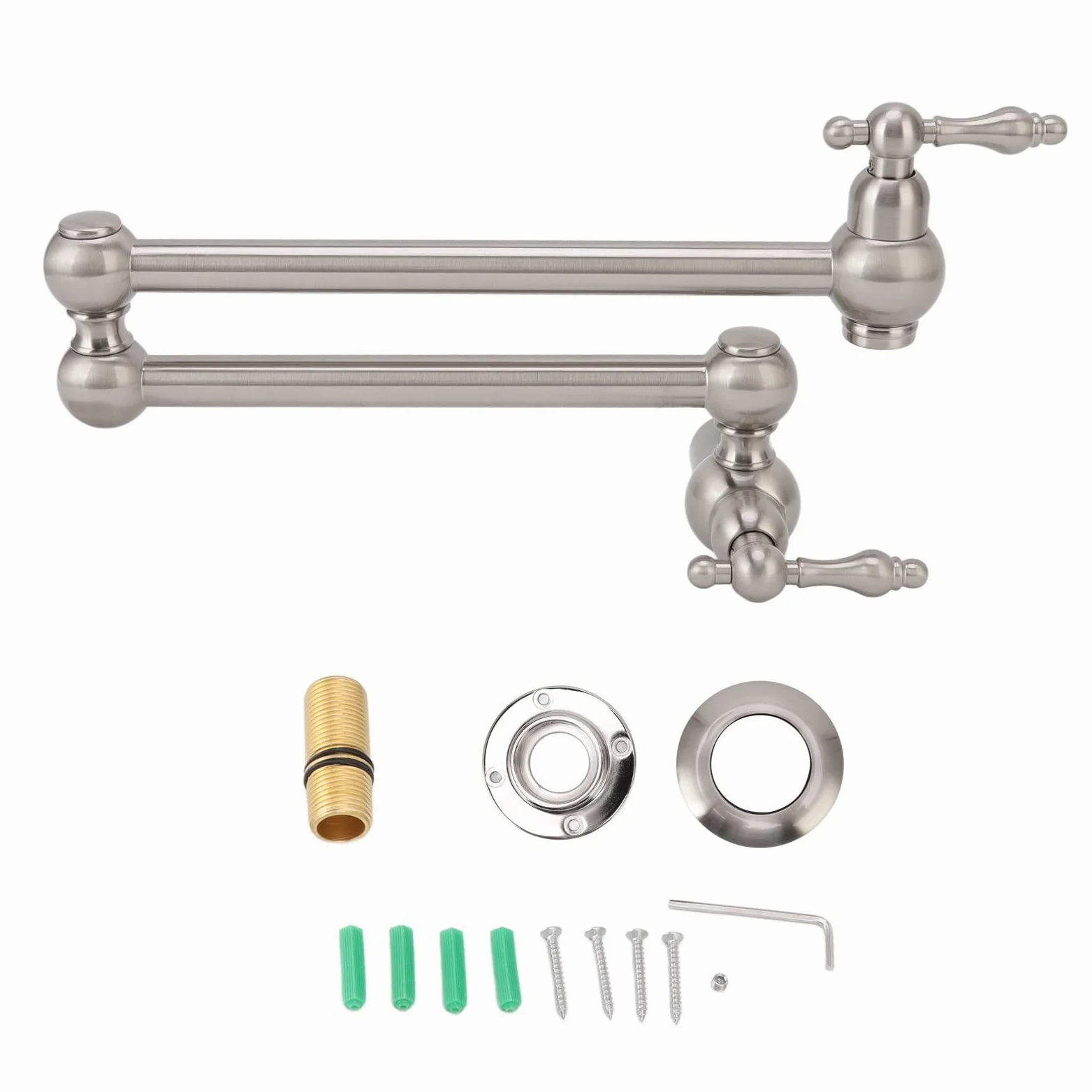Rubinetto per riempimento pentole, rubinetto da cucina a parete in rame estensibile G1/2 Rubinetto pieghevole per riempimento pentole a due manici a foro singolo(Argento spazzolato)