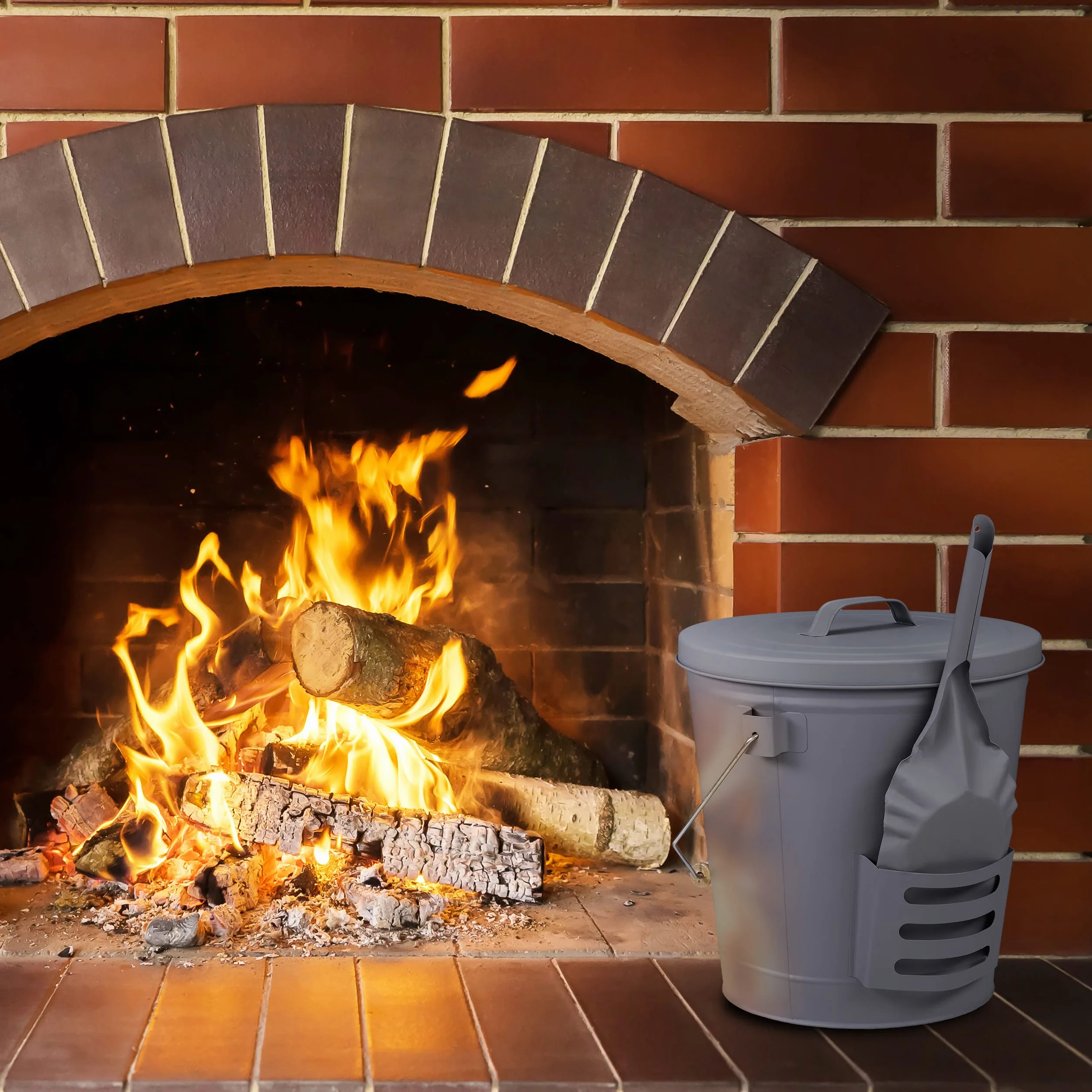 Relaxdays Secchio Portacenere per Camino 19 L, Contenitore per Cenere, Carbonella con Manico Coperchio e Paletta, Grigio