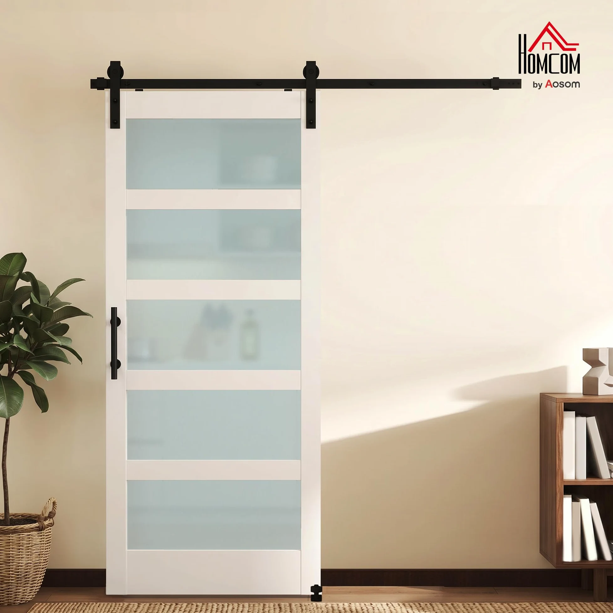 HOMCOM Porta Scorrevole Interno 91.4x213.4cm in Vetro Satinato, MDF e Pino, Binario Silenzioso in Acciaio, Kit Ferramenta, Maniglia Migliorata, Porta da Interno Stile Industriale, Impermeabile, Bagno