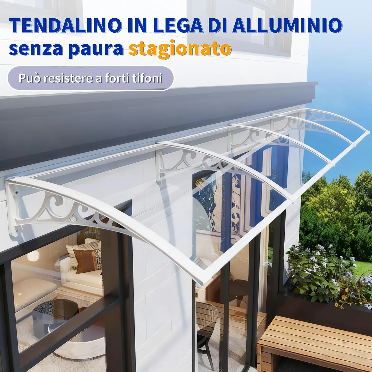 Pensilina Espandibile con Grondaia Grande, Tenda da Sole per Porta Esterna, Montaggio Silenzioso e Rapido, per Patio, Balcone, Esterni60x290cm