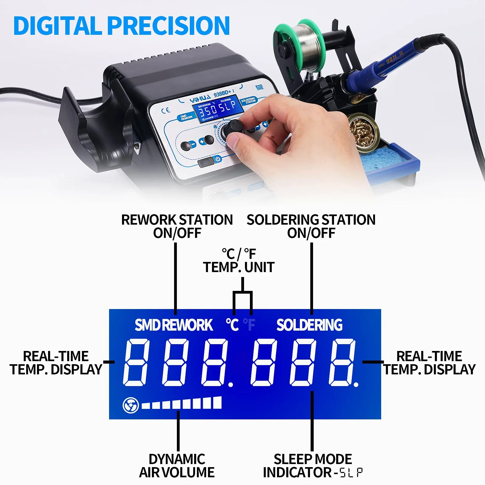 YIHUA 938BD+ I stazione saldante dissaldante ad aria calda SMD 2 IN 1 stazioni di saldatura, Avvio/arresto aria calda, Modalità sospensione, Display LCD per Rilavorazione saldature Progetti fai-da-te