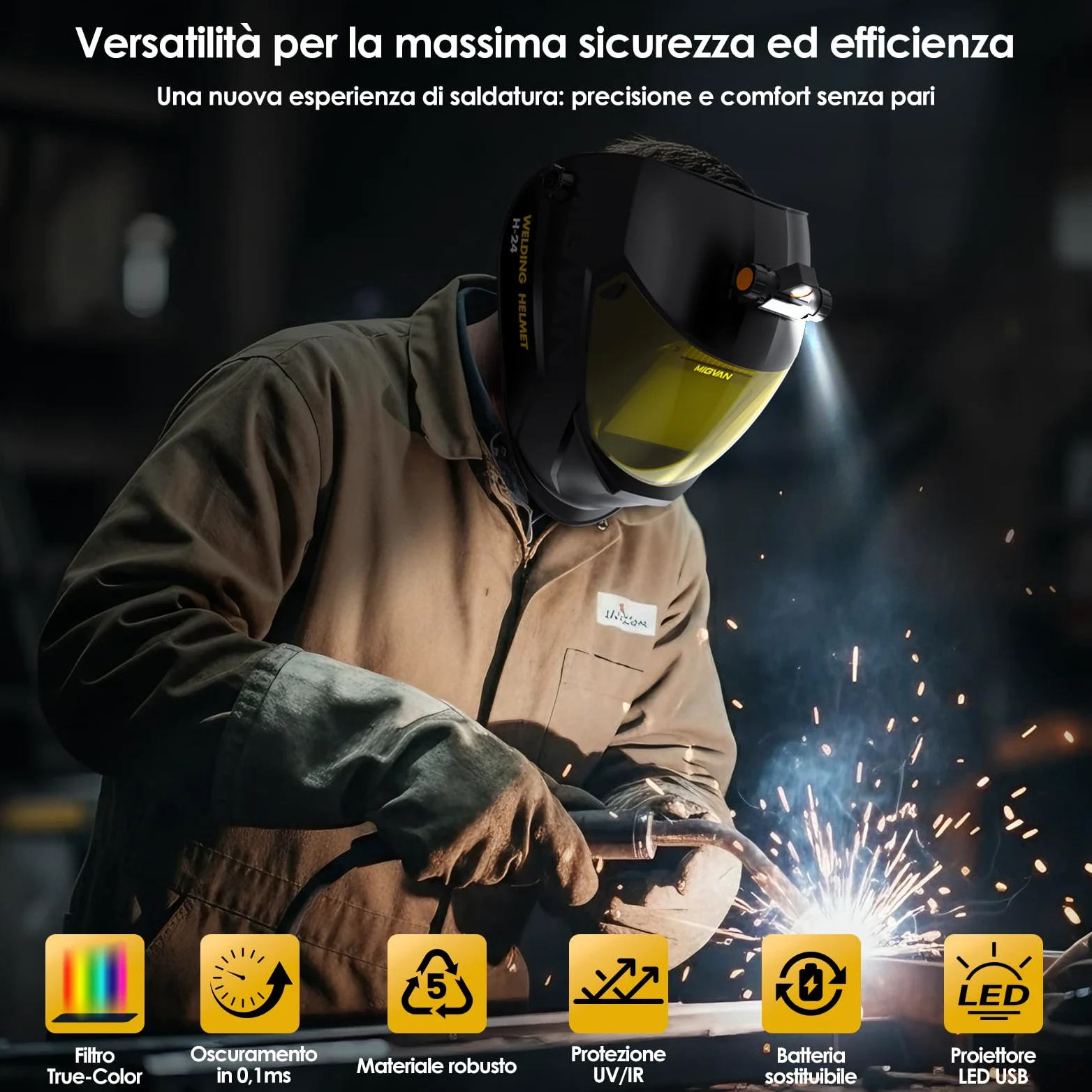 Maschera Saldatura Autoscurante con Luce LED Casco Saldatura Ultra-HD True-Color 100x82mm XL - Casco Saldatore 0,1ms Solare per MIG TIG MMA & Smerigliatura DIN 4/5-9/9-13 H24