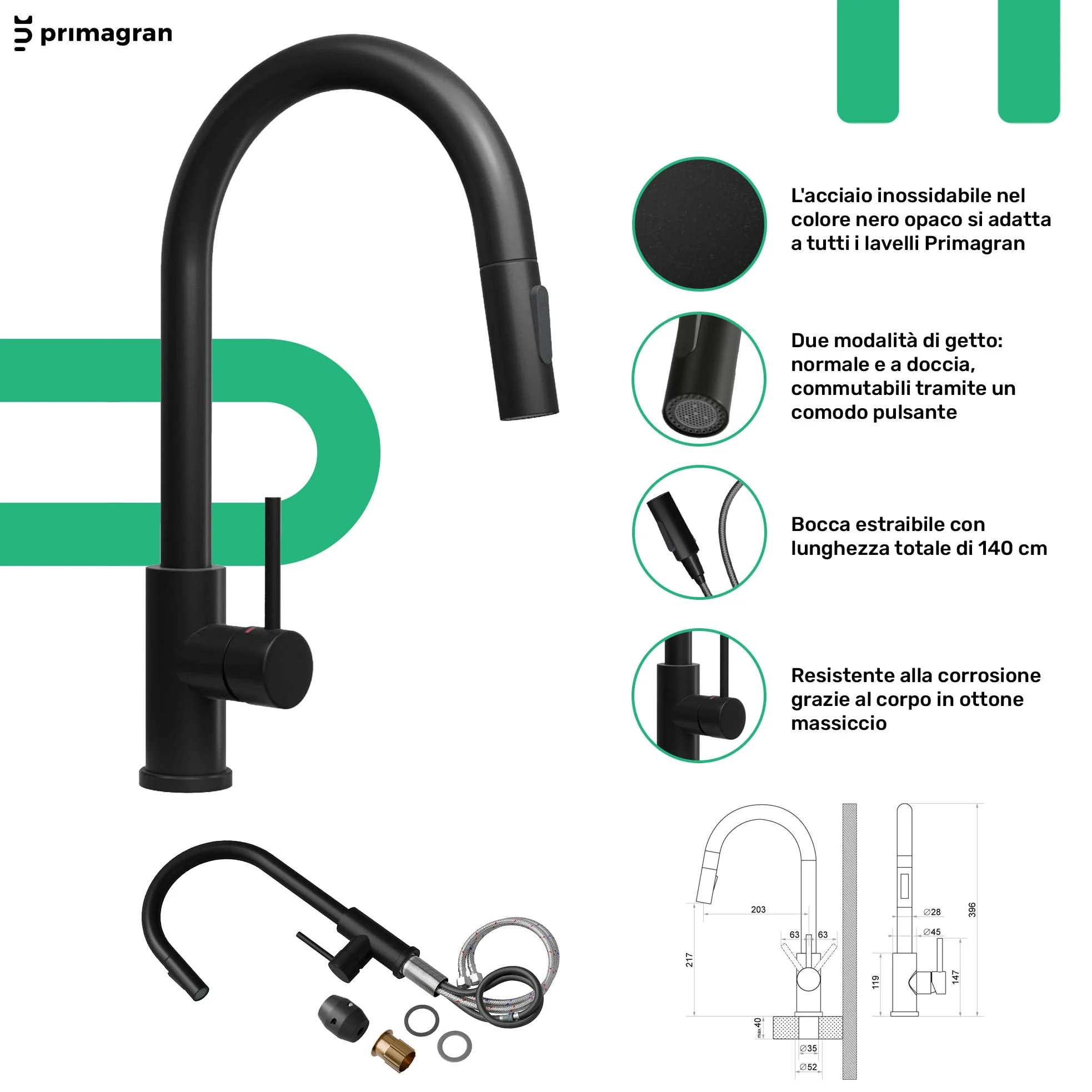 PRIMAGRAN Lavandino da Cucina Tutto Nero 90x50cm, Lavello in Granito a 1 vasca + Rubinetto 40x20cm + Set di accessori, Lavabo da Cucina Incasso al Mobile 60cm - Copenhagen Top S734