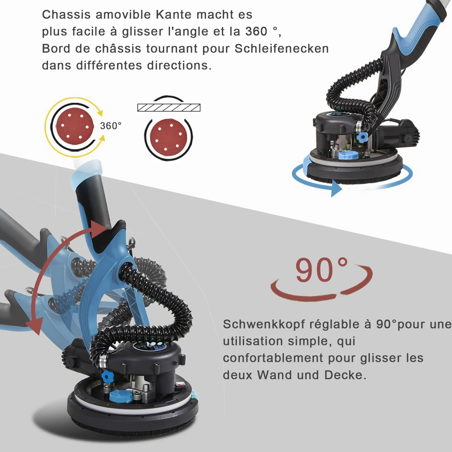 Levigatrice Giraffa 750 W professionale con sistema di vuoto automatico e luce LED, Levigatrice da parete e soffitto telescopico, diametro 215 mm, 7 velocità 900-1800 giri/min (blu)