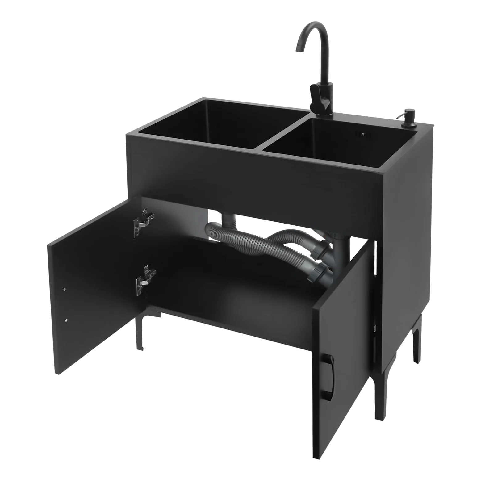 Lavello da cucina autoportante con base e rubinetto, in acciaio inox con 2 vasche scolapiatti e scarico, per cucina, giardino, esterno, officina, lavanderia, campeggio (nero)
