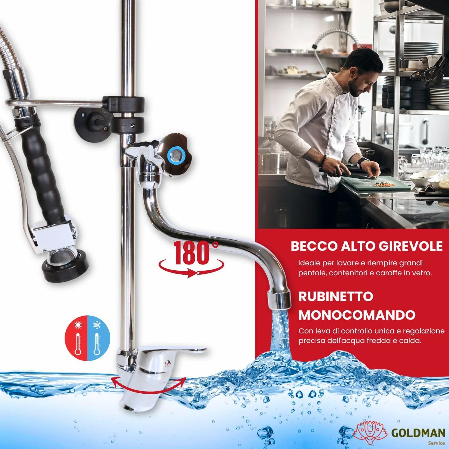 GOLDMAN SERVICE | Rubinetto estensibile con doccia a spruzzo specifico istallazioni industriali e ristoranti. Spruzzatore doccia flessibile nero con un rubinetto miscelatore monocomando