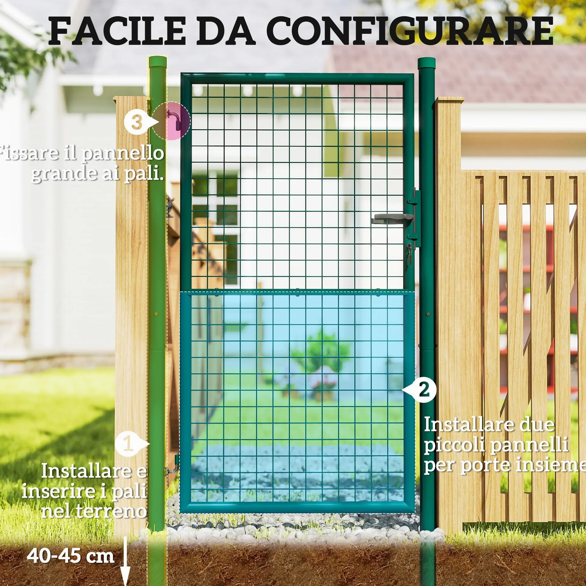 Outsunny Cancello da Giardino in Acciaio 97x200 cm, Cancelletto da Giardino con Serratura, 3 Chiavi, Maniglia e 2 Pali, Cancello Esterno per Ingresso Cortile e Terrazzo, Verde
