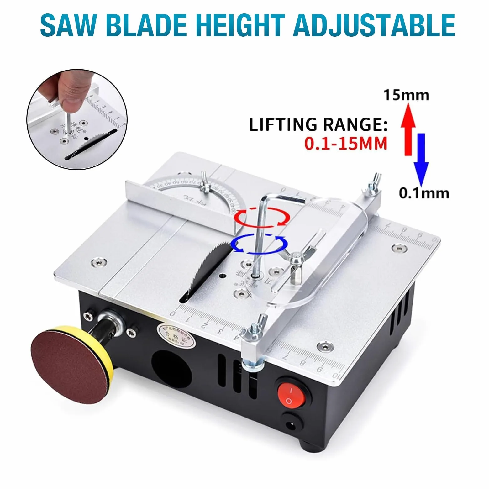 Mini sega circolare da tavolo con 4 lame e disco di lucidatura, sega da tavolo di precisione regolabile con alimentazione 7 velocità, 96 W con lama regolabile da 0,1-15 mm e aletta di sicurezza