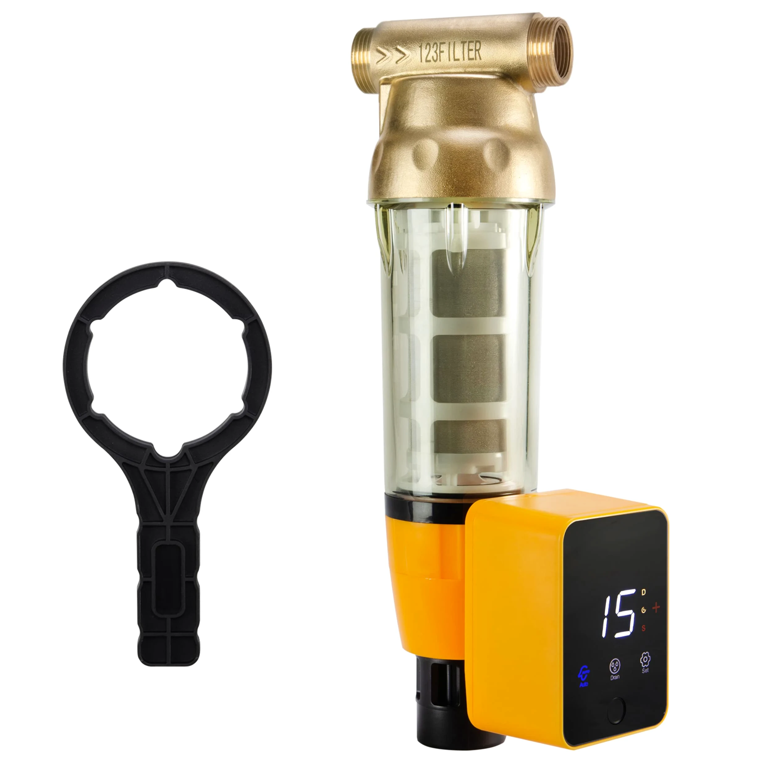 iSpring WSP100ARB - Filtro dell'acqua per sedimenti centrifugato, riutilizzabile, con modulo di lavaggio automatico touch-screen e raschietto per alloggiamento integrato, alloggiamento superiore in