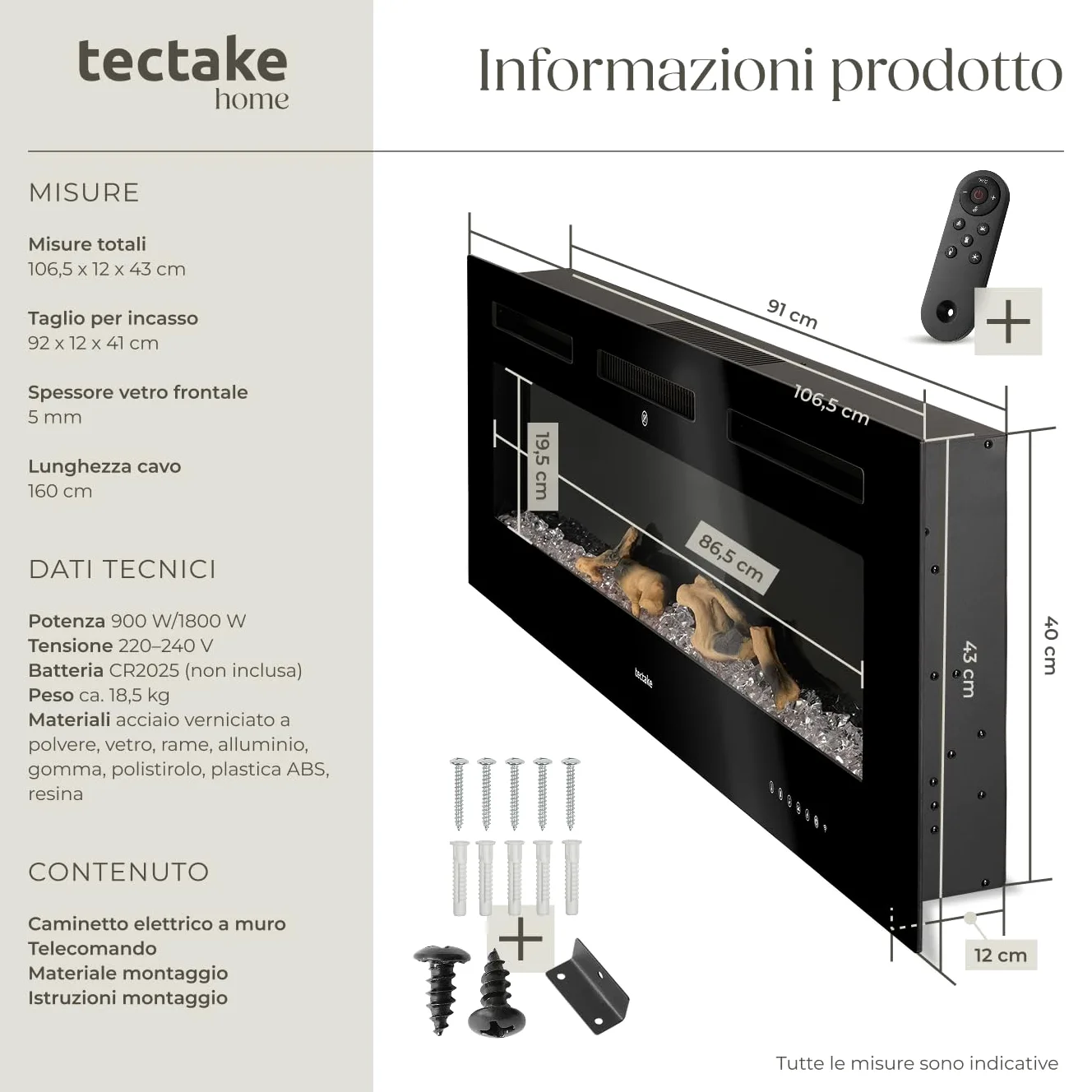 tectake® Caminetto elettrico da parete, Camino Elettrico 106,5x43x12 cm, 2 livelli di riscaldamento 900 W e 1800 W, 6 colori per effetto fuoco finto LED 3D, controllo app e WiFi e telecomando, Stufa