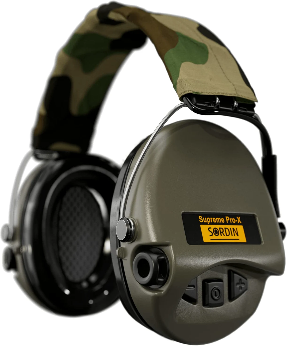 Sordin Pro-X Protezioni acustiche a capsula 75302-X-S - EN 352 - Cuscino in schiuma, Nastro mimetico & capsule verdi