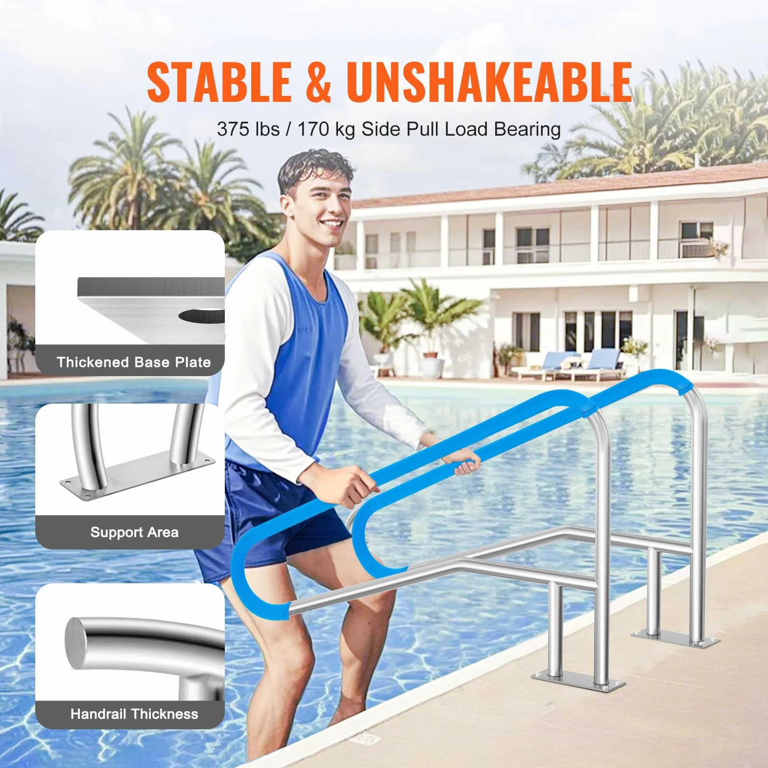 VEVOR Corrimano per Piscina, Confezione 2, Ringhiera per Piscina 1395 x 810 mm Acciaio Inossidabile con Piastra di Base per Piscine Interne Esterne, Ringhiera per Piscina per Terrazze, con Copertura