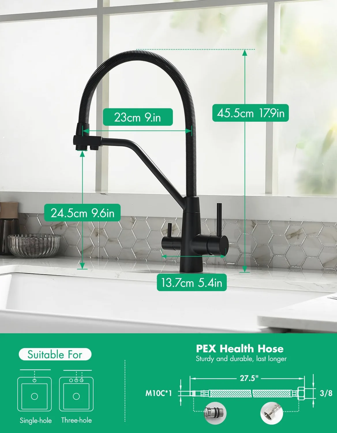 TIMACO - Rubinetto da cucina nero a 3 vie, girevole a 360°, con rubinetto 3 in 1 per filtro dell'acqua, con molla a spirale, con doppia leva, ad alta pressione