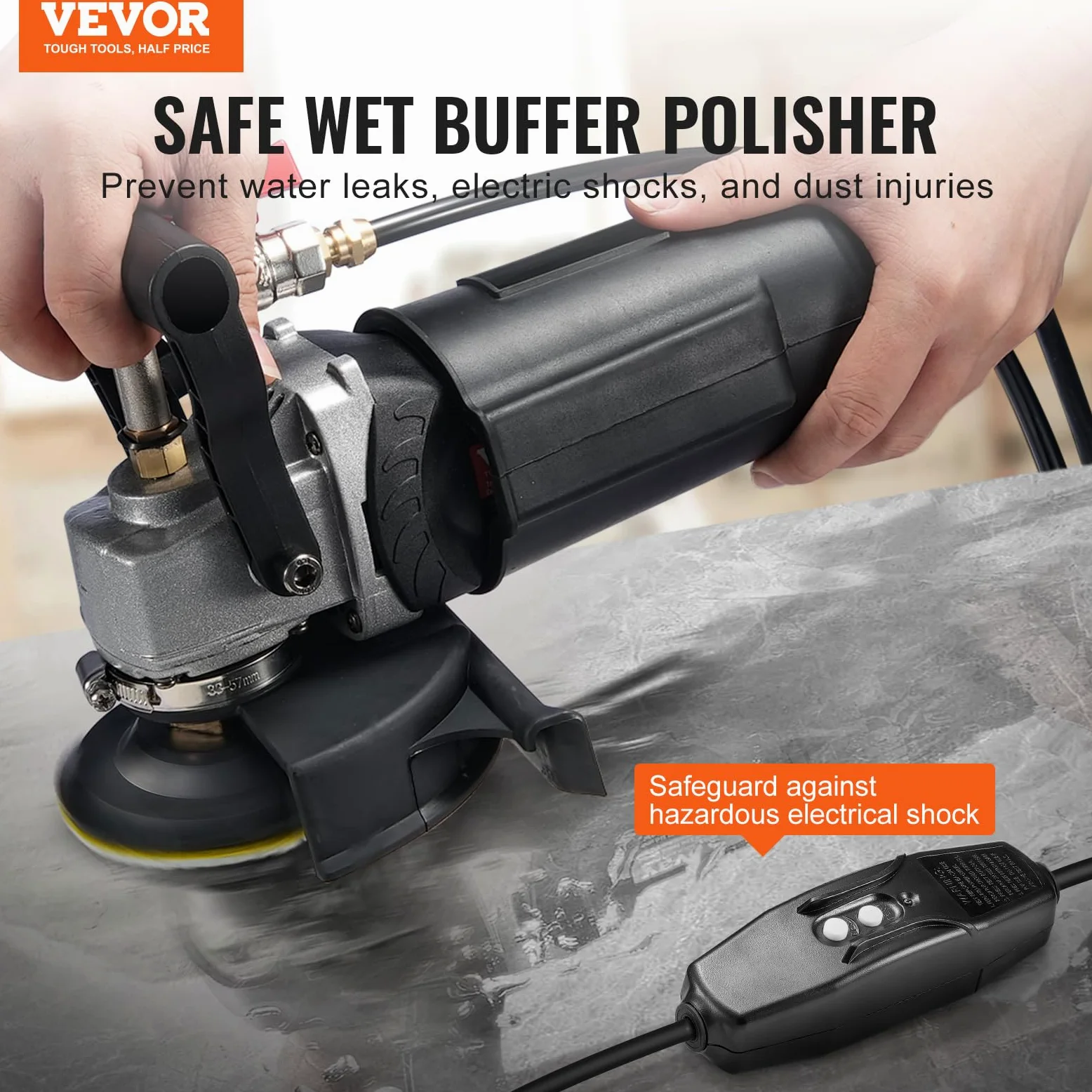 VEVOR Lucidatrice a Umido 800 W, Lucidatrice per Calcestruzzo da 100 mm 6 Velocità Regolabile 7 Tamponi per Lucidatura 1000-4000 giri/min, Interruttore GFCI, per Marmo, Pietra, Roccia, Piastrelle