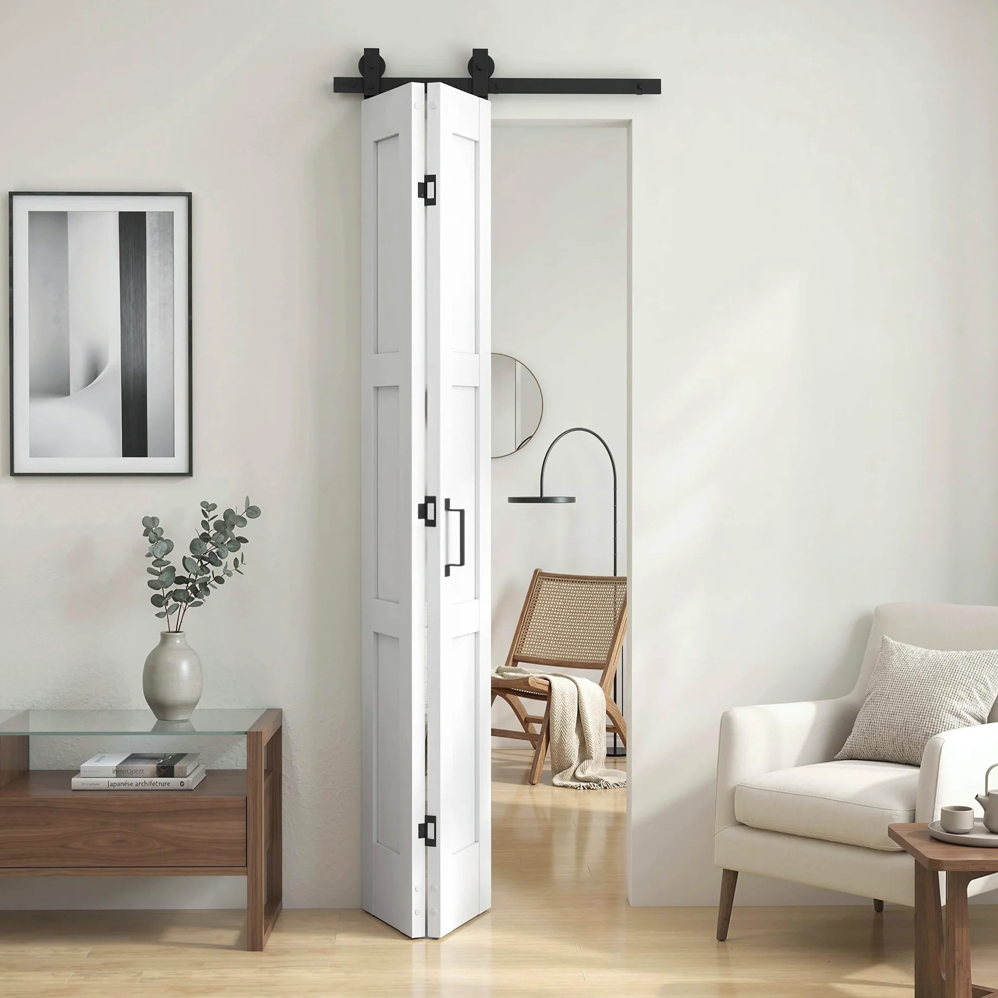 HOMCOM Porta Scorrevole Bi-fold Muro 71.2x213.4cm, Binario Silenzioso Acciaio, Maniglia, Guida, Ruote, Porta da Interno Stile Rustica, in MDF e Legno Pino, Impermeabile, per Cucina, Bagno