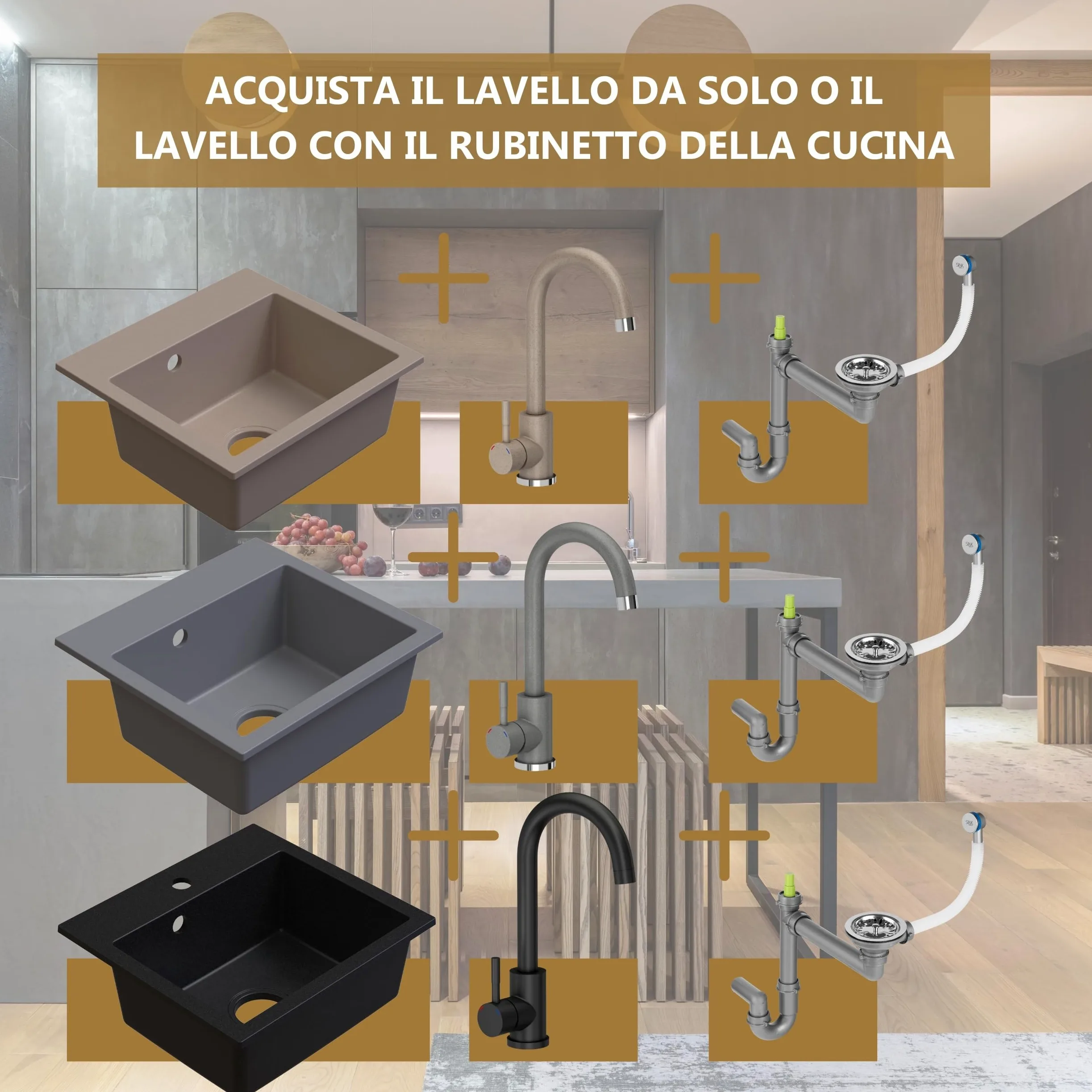 Lavello Sink Quality Beige con rubinetto, 45 × 42 cm, sifone e impregnazione, da incasso in granito, per mobiletto a partire da 45 cm