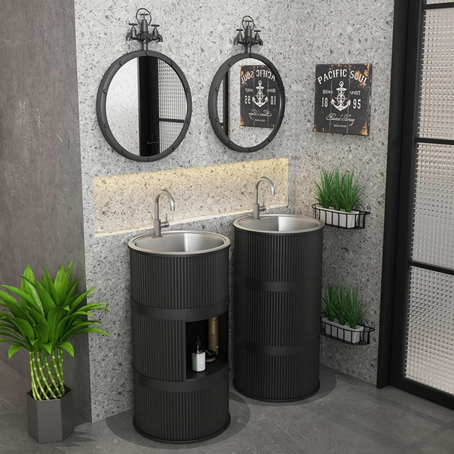 Lavandino a Colonna Moderno in Ferro Battuto, Mobile da Bagno con Lavabo in Acciaio Inox, Lavandino su Piedistallo Freestanding Set con Rubinetto e Scarico (con contenitore,Blu)