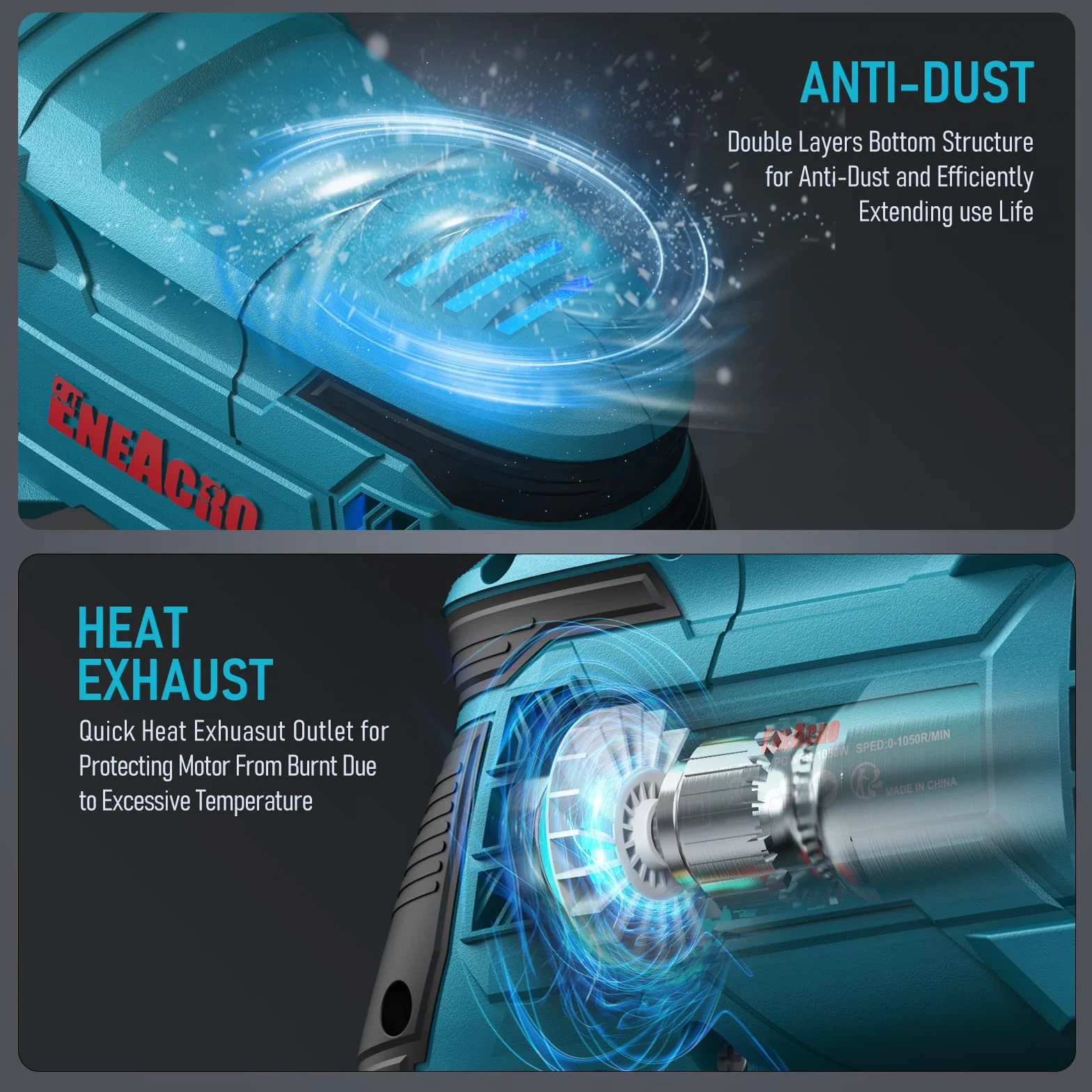 ENEACRO Martello Perforatore SDS-Plus, 6 Velocità Variabili con 4 Funzioni, Frizione di Sicurezza, Capacità di Foratura di 26 mm nel Calcestruzzo - Include 3 Punte, 2 Scalpelli e Cassette