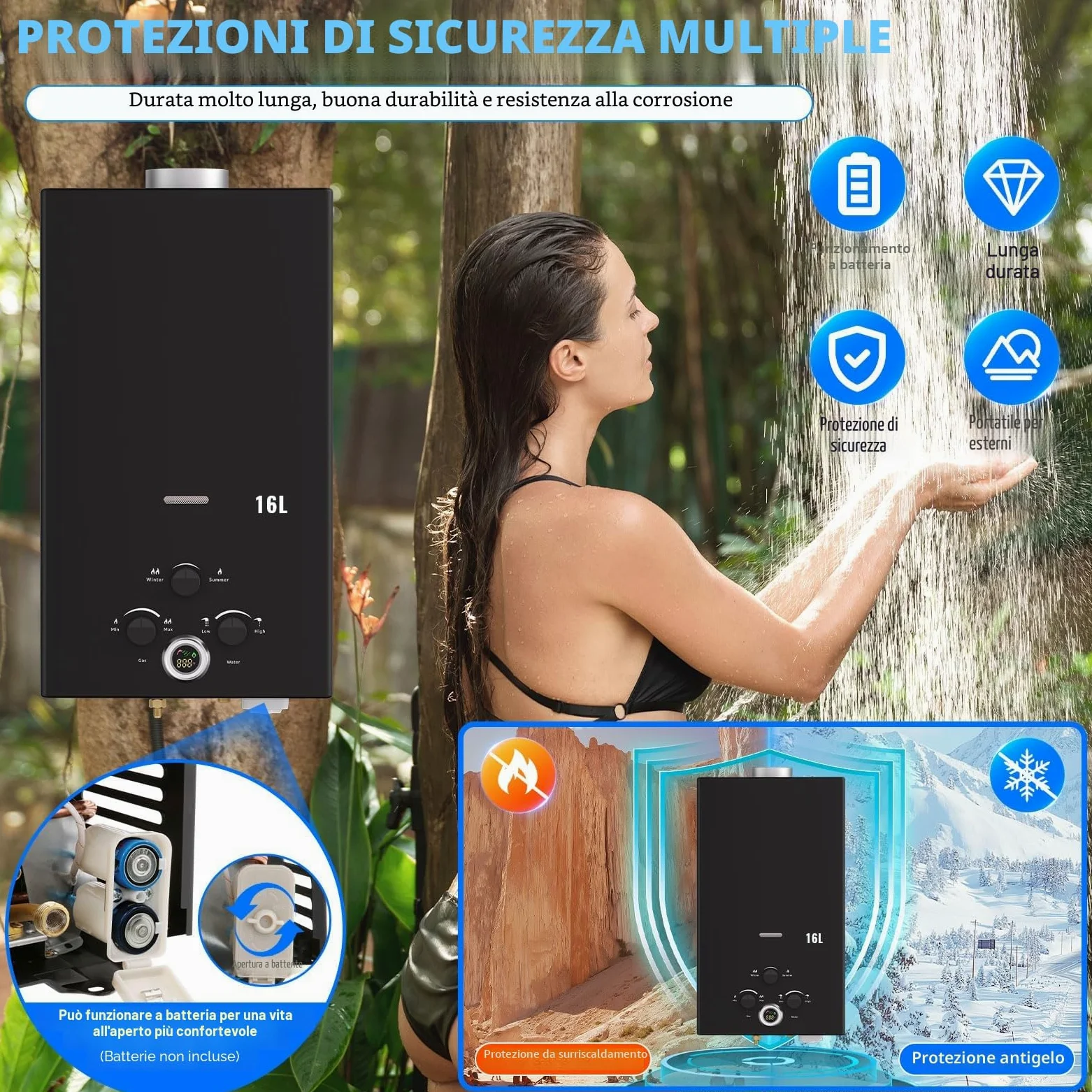 Scaldabagno a Gas 16L, All'aperto Portatile Scaldabagno Istantaneo a Propano con Display Digitale Multi-Protezione, Parete senza Serbatoio Scaldacqua Istantaneo Automatico, classe energetica A+