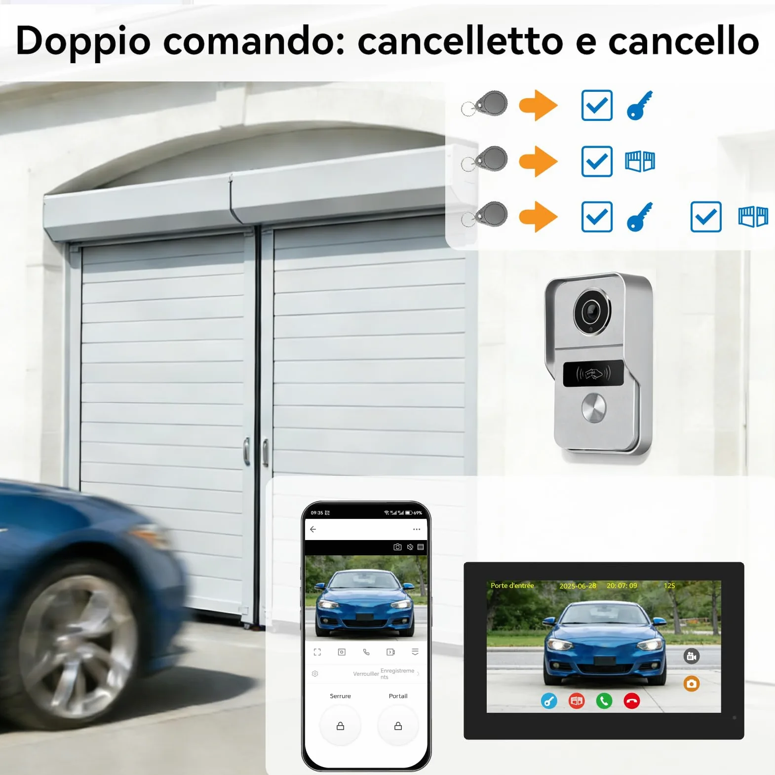 Videocitofono 2 Fili connesso, con fotocamera, versione notturna, vista dal vivo e conversazione, sblocco tramite monitor, 2 monitor da 7" con campanello cablato, per 1 famiglia