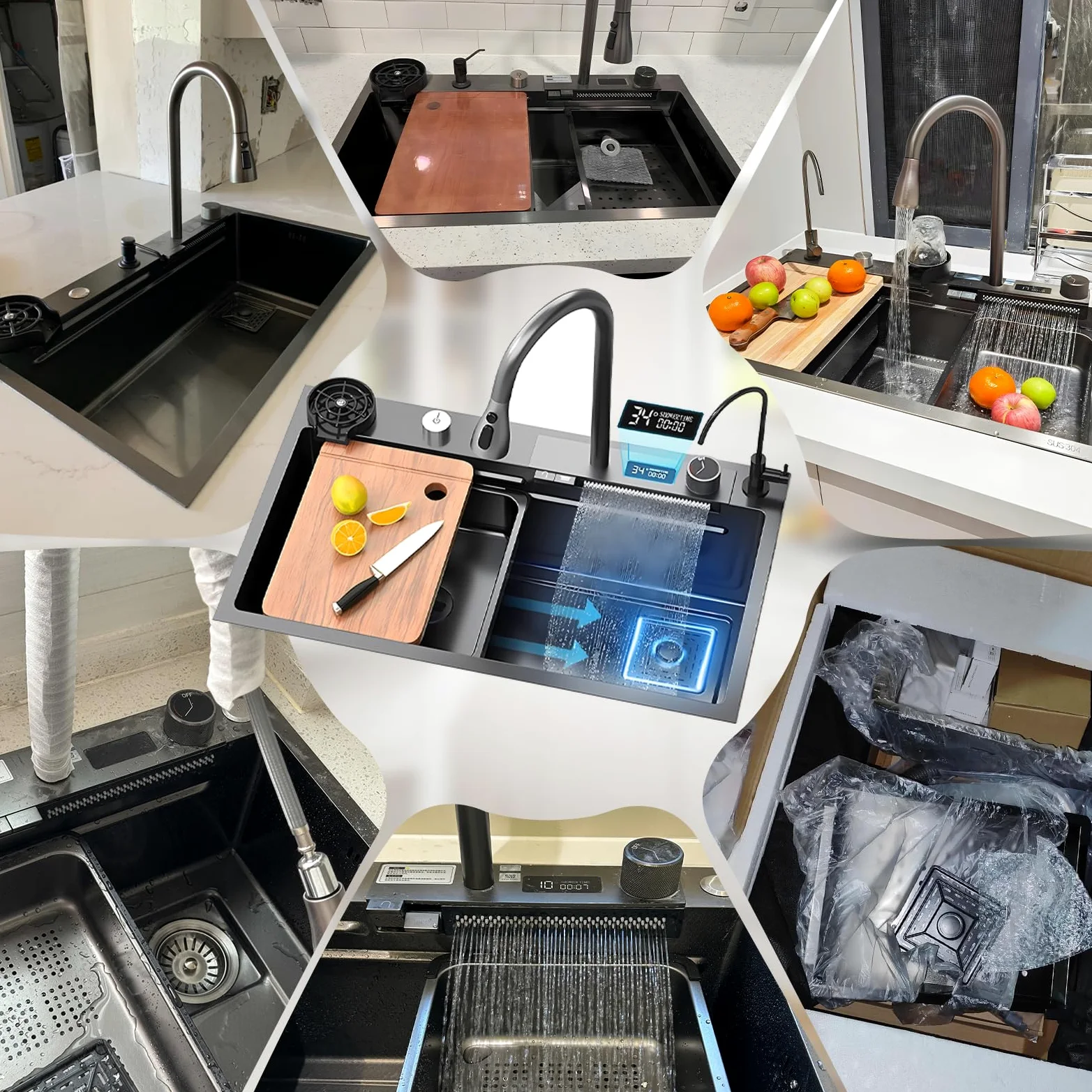 lavello cucina 85x50 da cascata nero, lavello da cucina con Può visualizzare la temperatura dell'acqua, lavello domestico set, lavandino del bar multifunzionale
