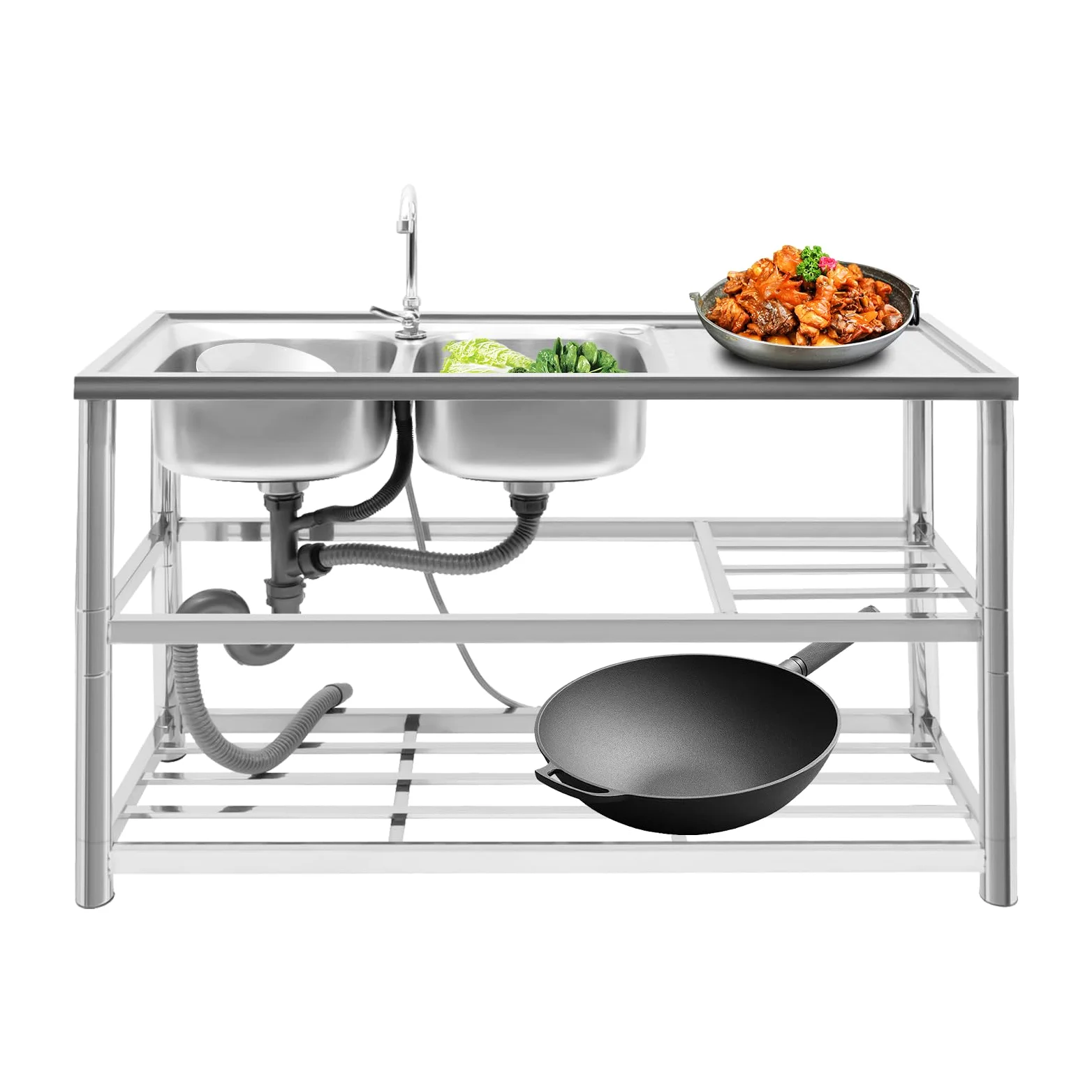 Lavello da cucina in acciaio inox, a 2 vasche a 3 livelli, autoportante, con rubinetto, per ristorante, campeggio, 120 x 45 x 80 cm, con accessori e scolapiatti