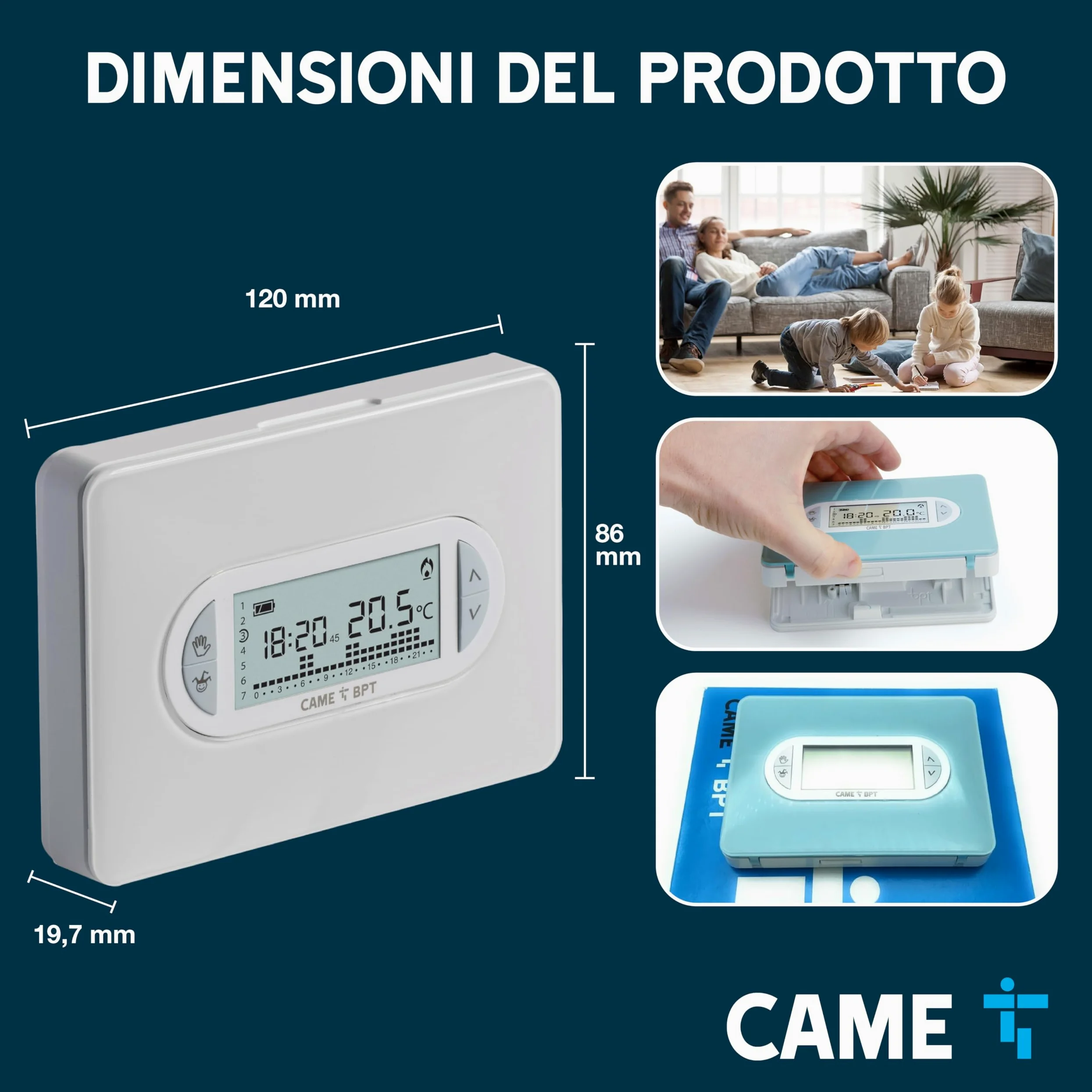 CAME Cronotermostato TH/450 digitale settimanale da parete a batterie ministilo, due cover incluse, controllo della temperatura differenziale e proporzionale integrale per l'ottimizzazione dei consumi