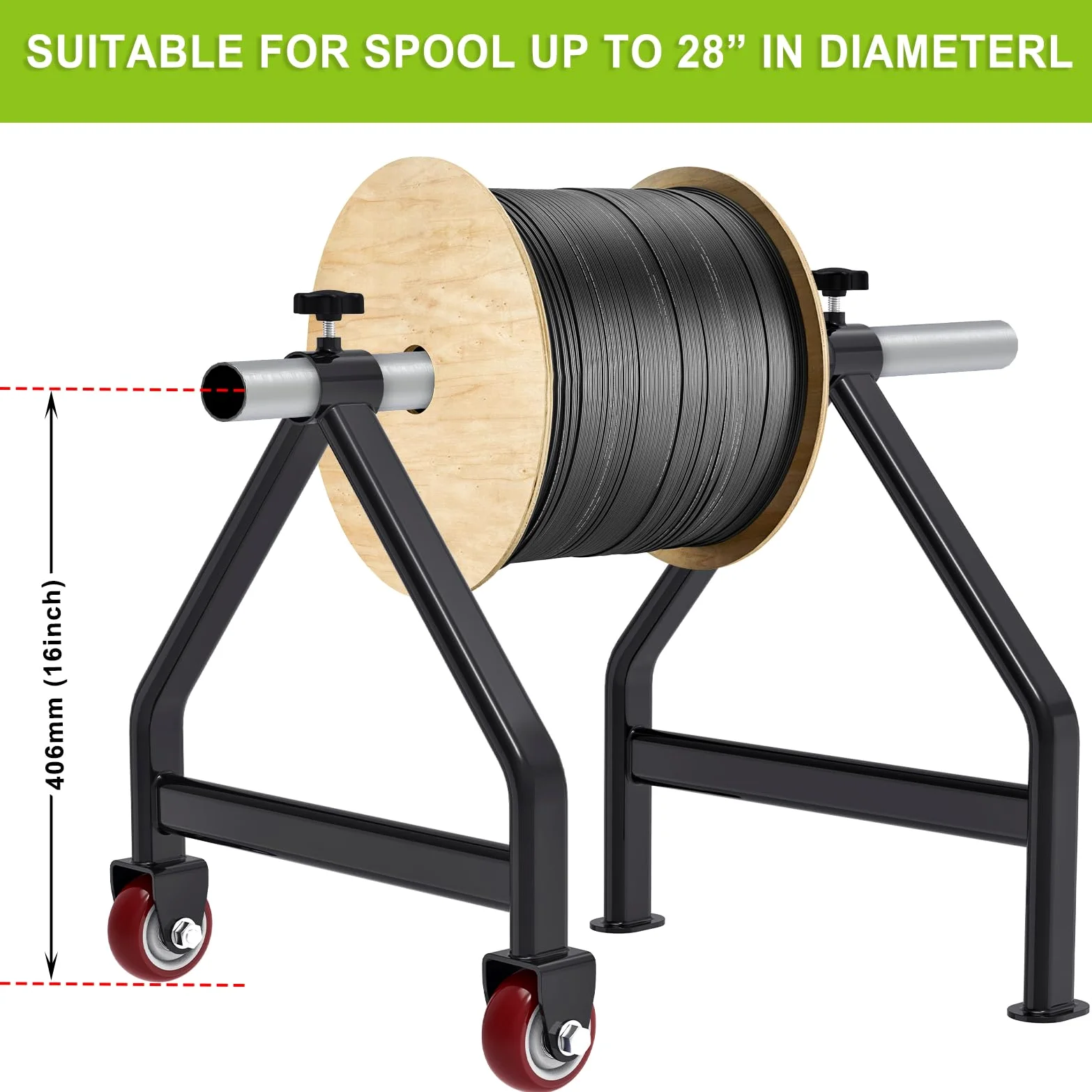 Porta bobine di filo, contenitore portatile per cavi, in acciaio completamente saldato, dispenser per bobine di diametro fino a 71 cm, capacità 99,8 kg, nero