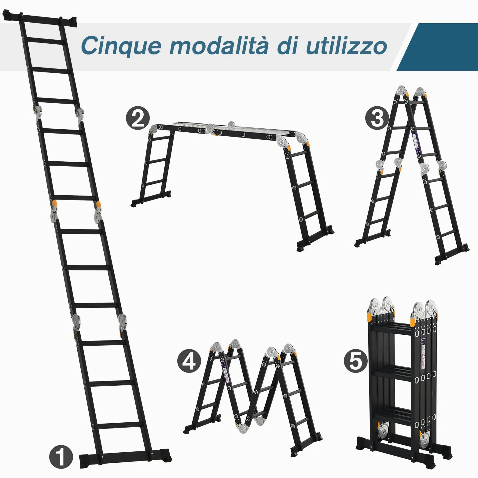 DURHAND Scala in Alluminio 5 in 1 Nera con 2 Pannelli di Sostegno, Scala Pieghevole per Interni ed Esterni, Carico Massimo 150kg, 370x61x11 cm
