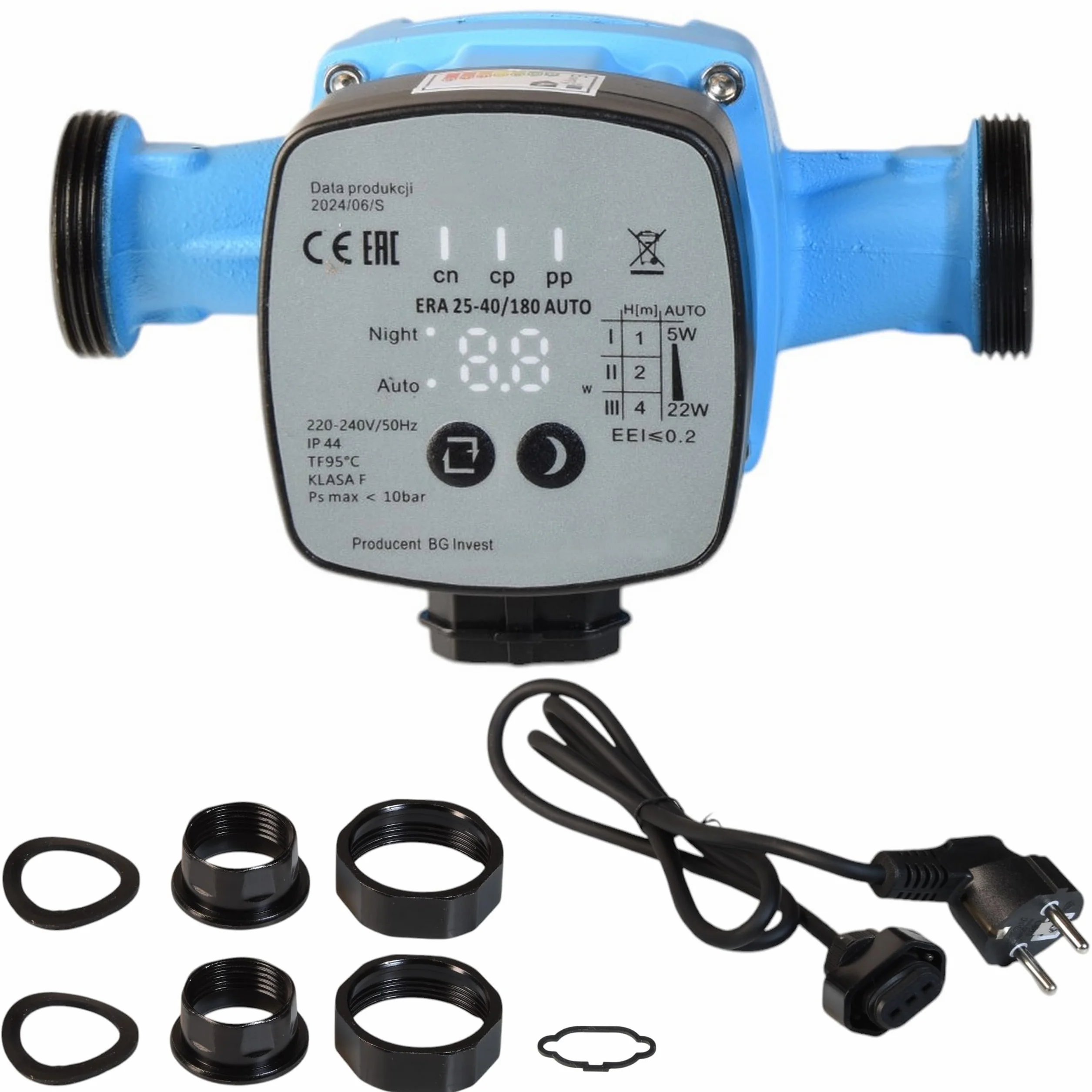 Elettronica Pompa di Circolazione ERA 25-40/180 AUTO (5-22W max. 2700 l/h Prevalenza 4 m) - Pompa per Acqua Calda - Riscaldamento Centrale – 3 Velocità - Modalità NOTTE AUTO - Basso Consumo Energetico