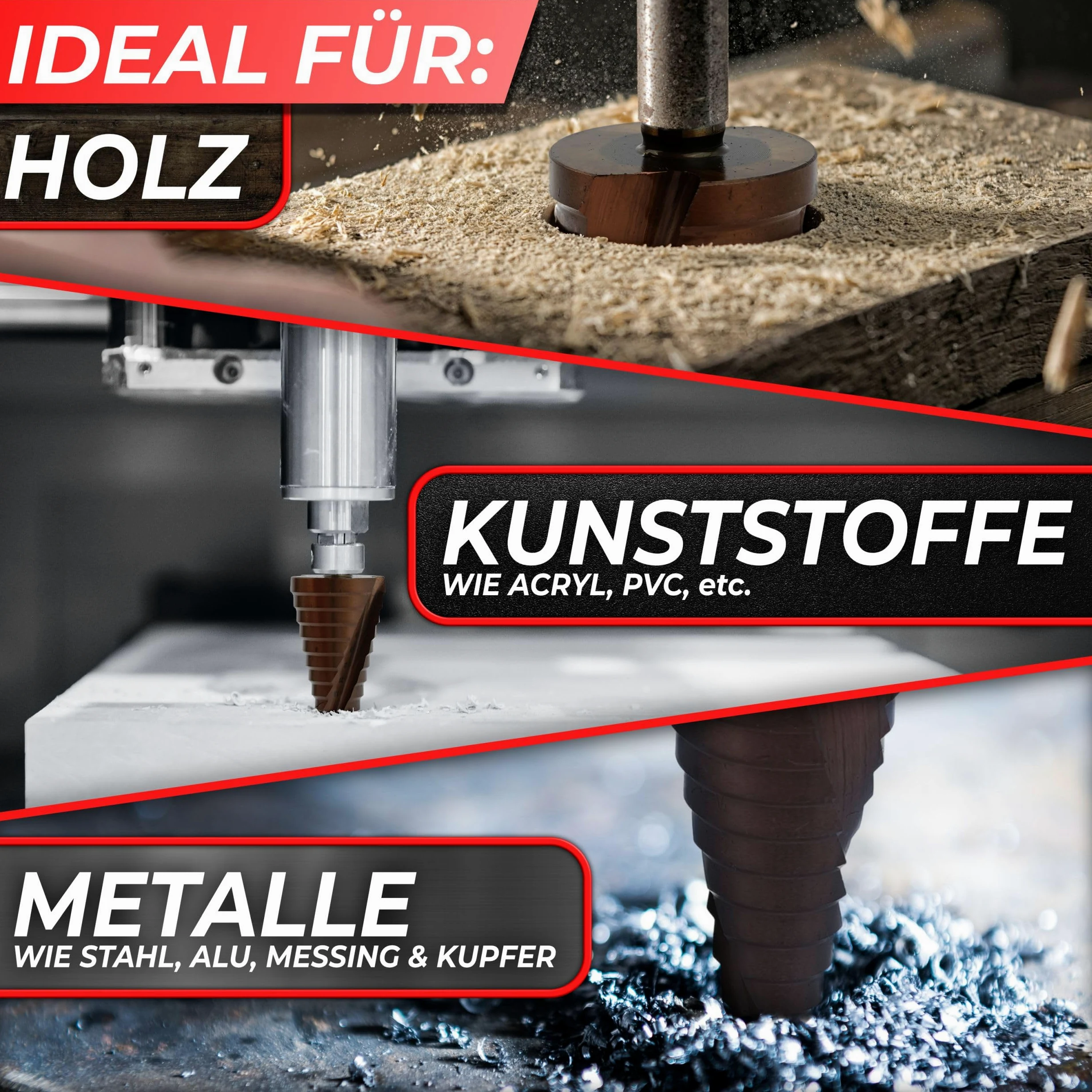 Woltersberger® Set di 3 punte a gradini HSS Powerline Spiral, punte coniche Ø 4 – 32 mm, 4 – 20 mm, 4 – 12 mm, per fori puliti, per pelapatate in metallo, alluminio e acciaio inox
