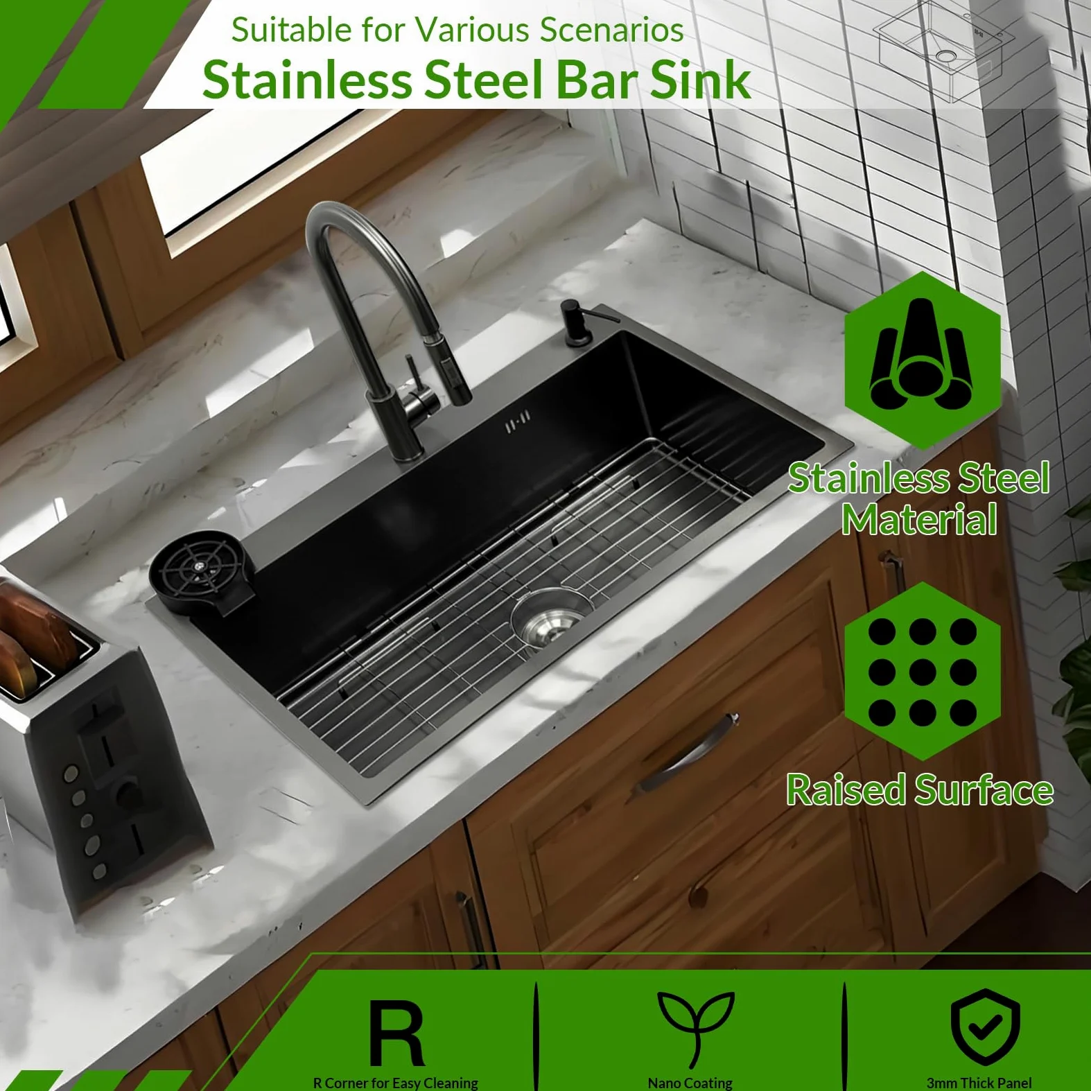 85x50cm Acciaio Inox Lavello Cucina 1 Vasca Grigio Nero, Con Griglia In Acciaio Inox Nano, Lavabo Cucina con 3 Fori Scolapiatti da Appoggio con Rubinetto, con Dispenser Sapone Da Appoggio