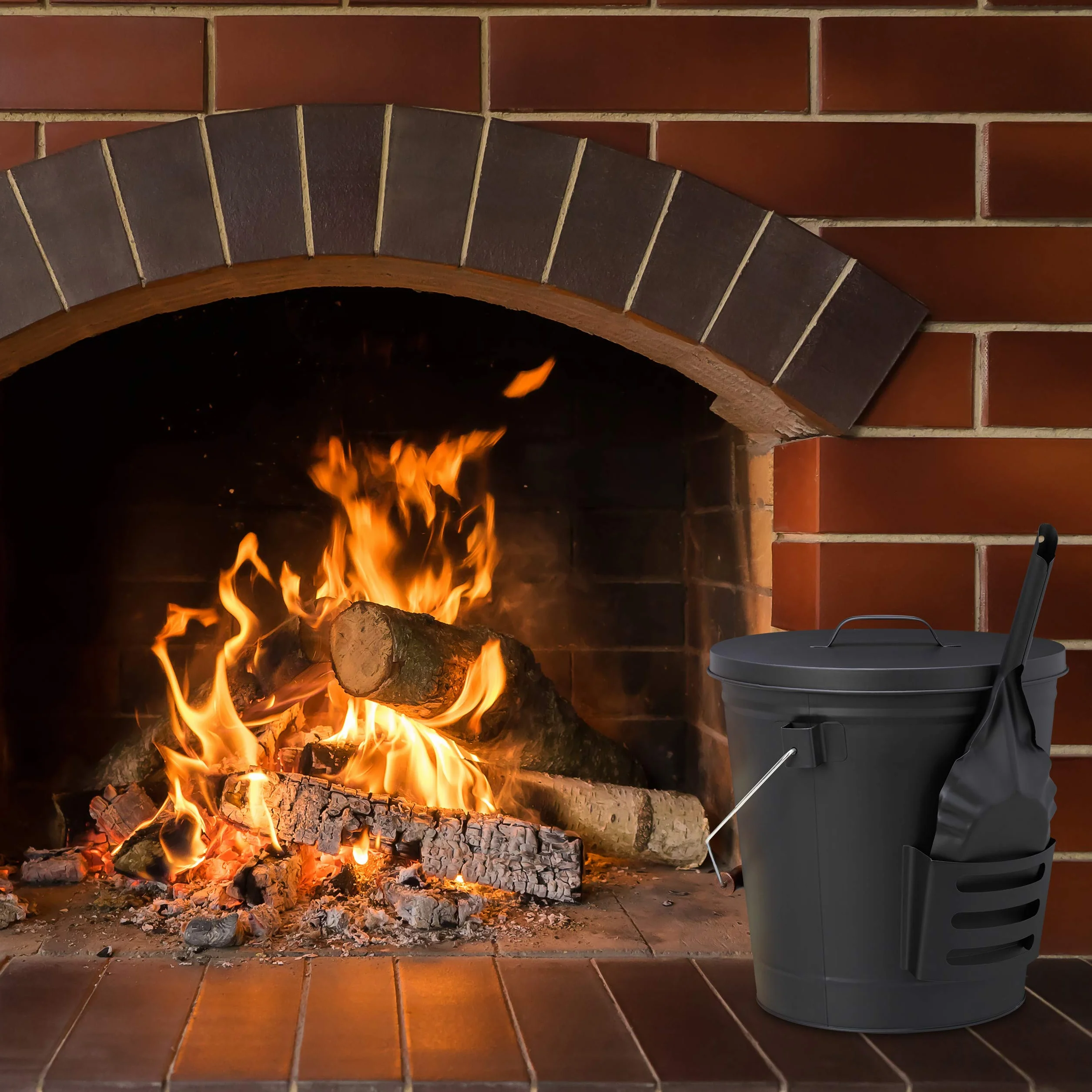 Relaxdays Secchio Raccogli Cenere con Coperchio e Paletta, Acciaio, con Impugnatura, 19 l, per Camino & Grill, Nero