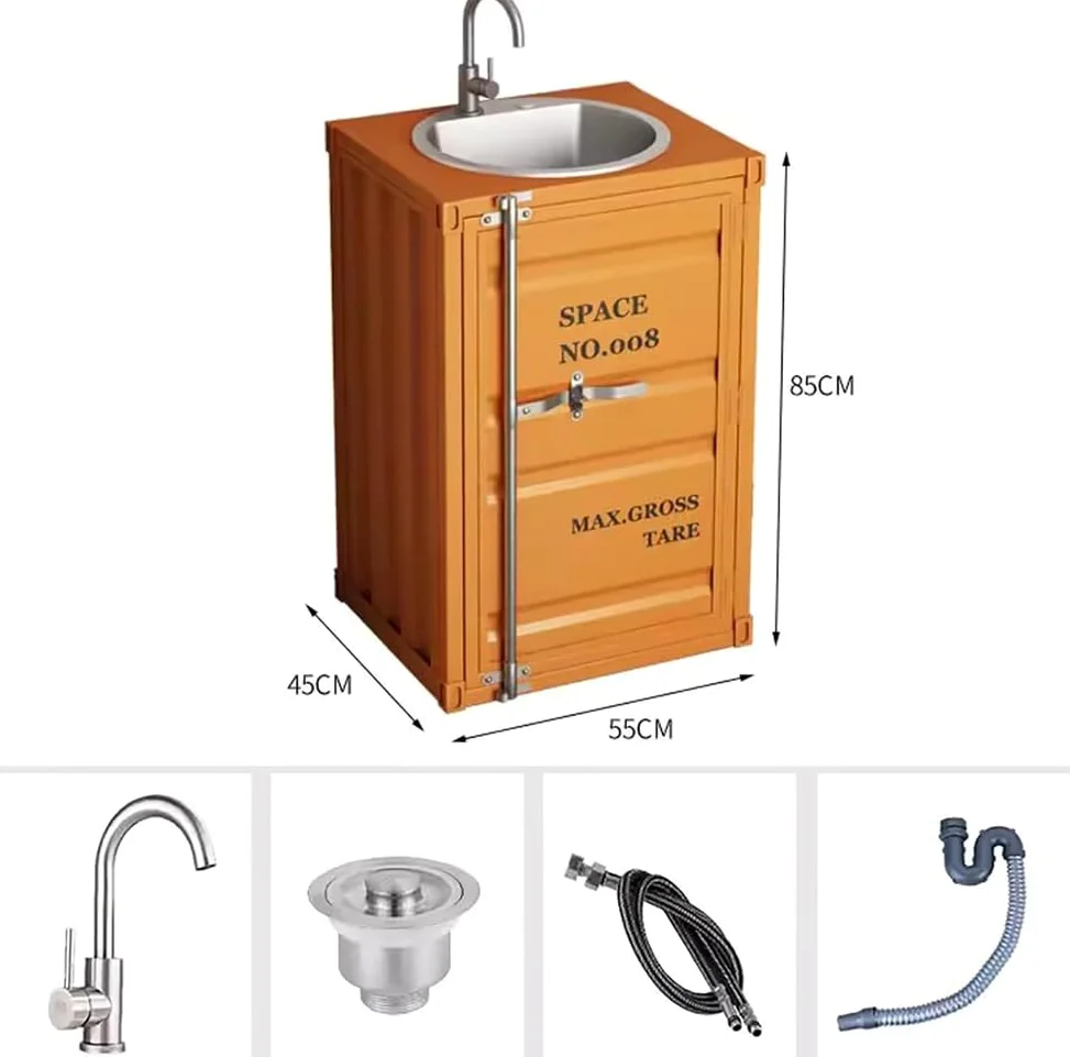ZTGL Lavandino A Colonna Retro in Ferro Battuto, Lavabo da Appoggio con Lavabo in Acciaio Inox, Integrato Lavello Bagno Combinazione con Rubinetto E Tubo di Scarico,Nero,Without Mirror