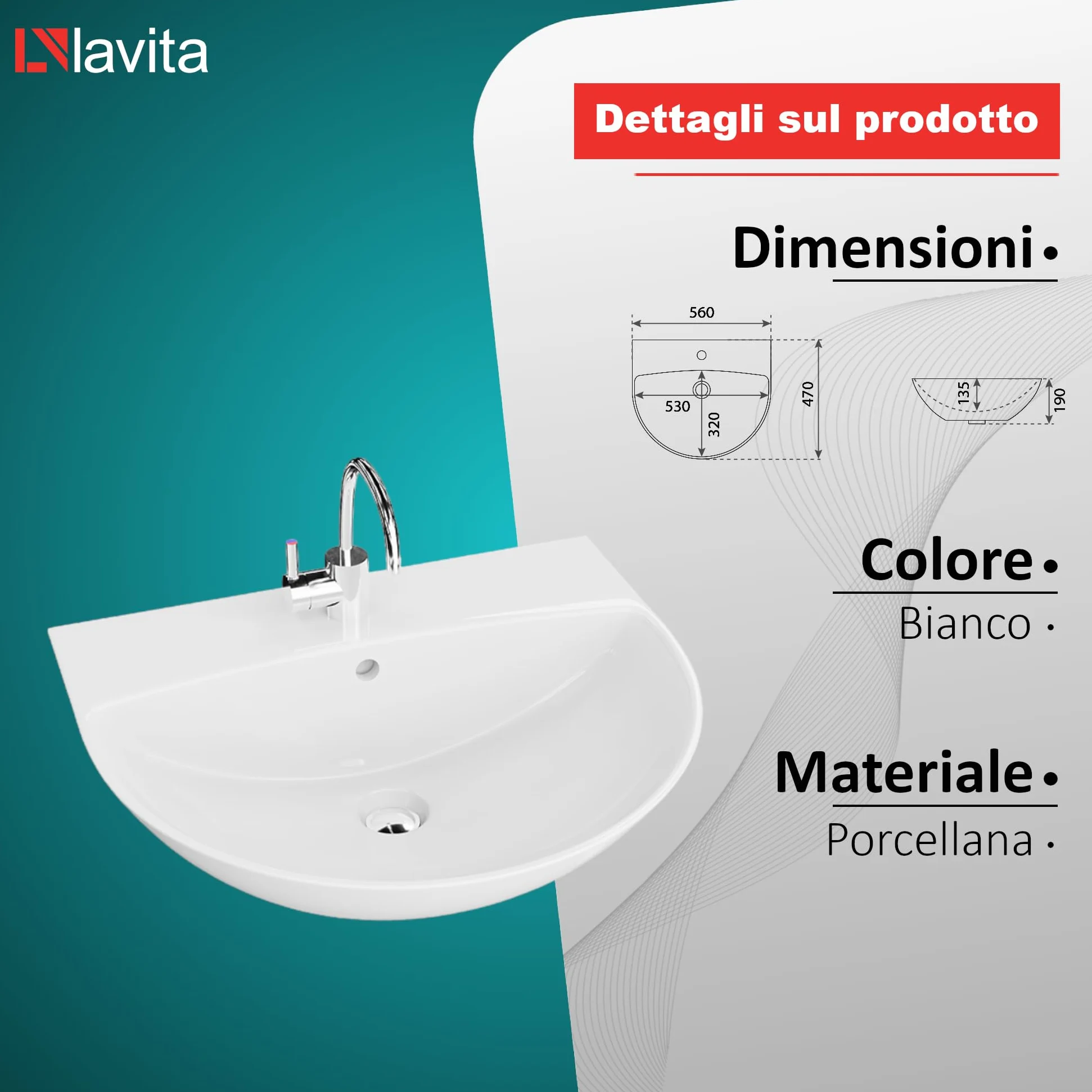 LAVITA Lavabo sospeso Corel, lavabo sospeso, lavabo rotondo, lavabo con troppopieno e foro per rubinetto, ceramica di alta qualità, bagno, 56 x 47 x 19 cm, bianco lucido