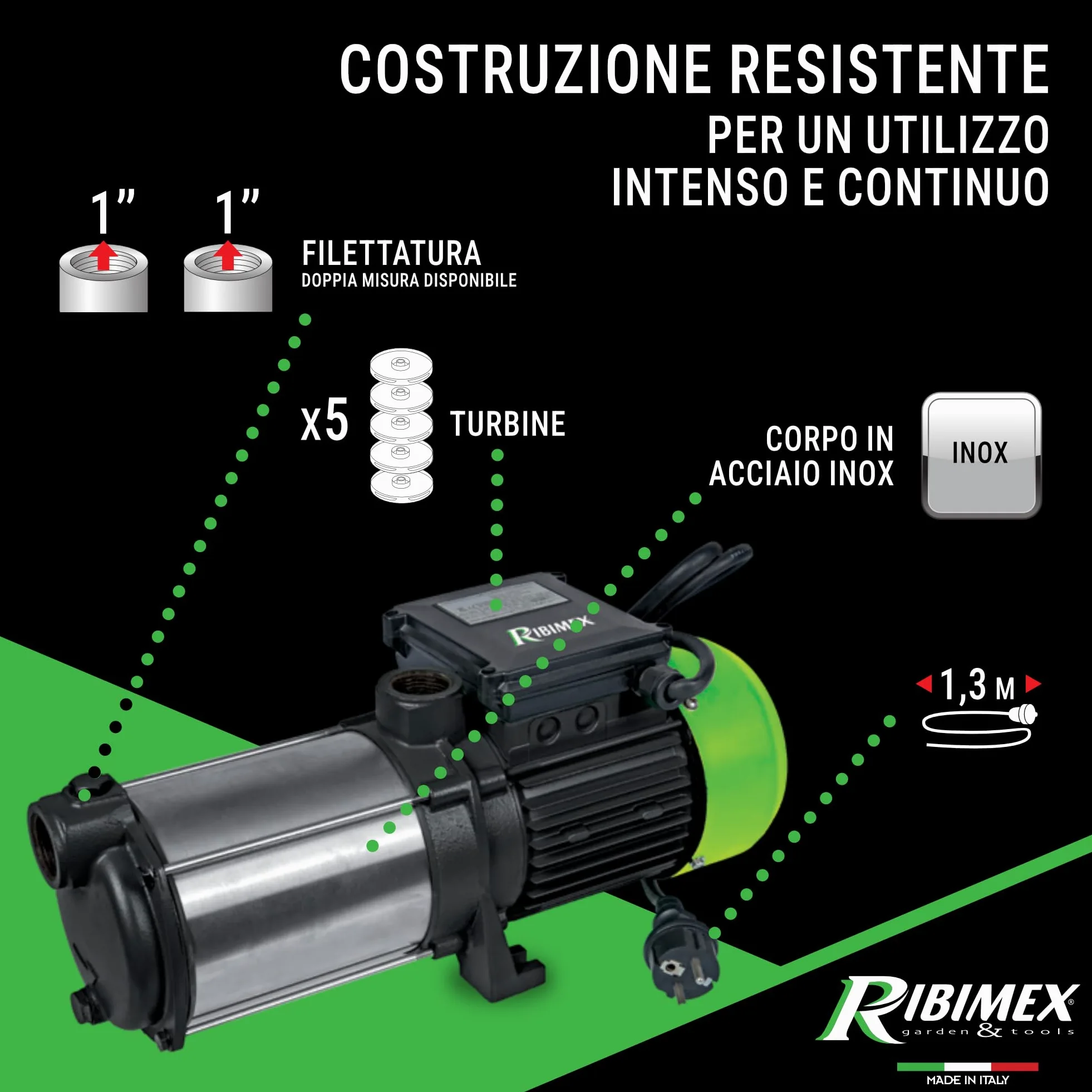 Ribimex Pompa di Superficie Autoadescante Multicellulare 5 Turbine, 1450 W, Portata 5400 L/h, Prevalenza 55 m, Aspirazione Fino a 7 m, Corpo in Inox, Ideale per Pressurizzazione e Irrigazione - PRMCA5