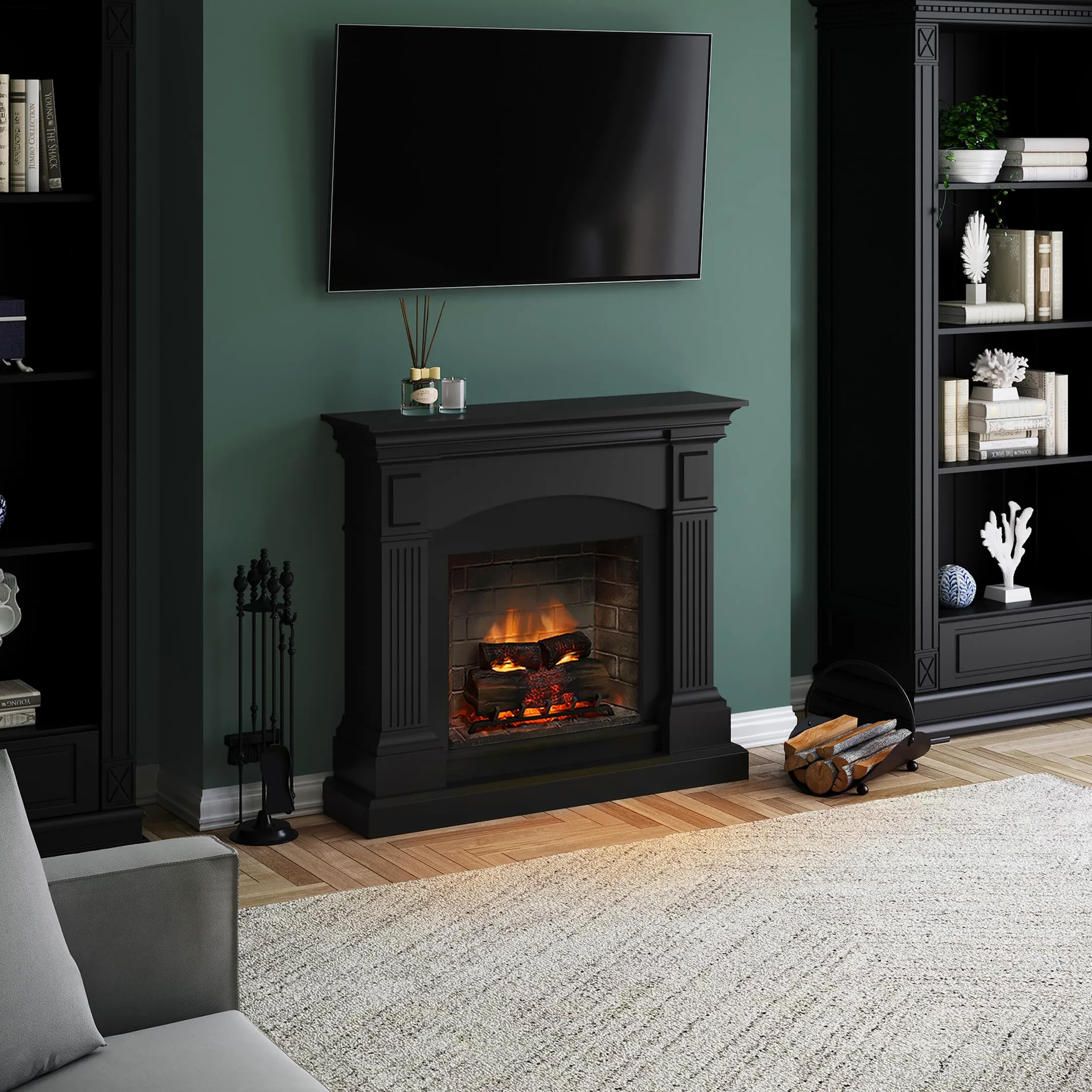 TAGU Magna Camino Elettrico con PowerFlame 2, Riscaldatore e Termostato, Suono Crepitante, Wi-Fi e Luce Ambientale (Nero Profondo)