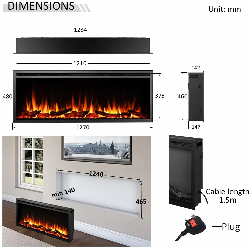 FLAMME Camino elettrico da incasso a parete Castello Slim Frame da 50" con 3 colori fiamma 750W/1500W