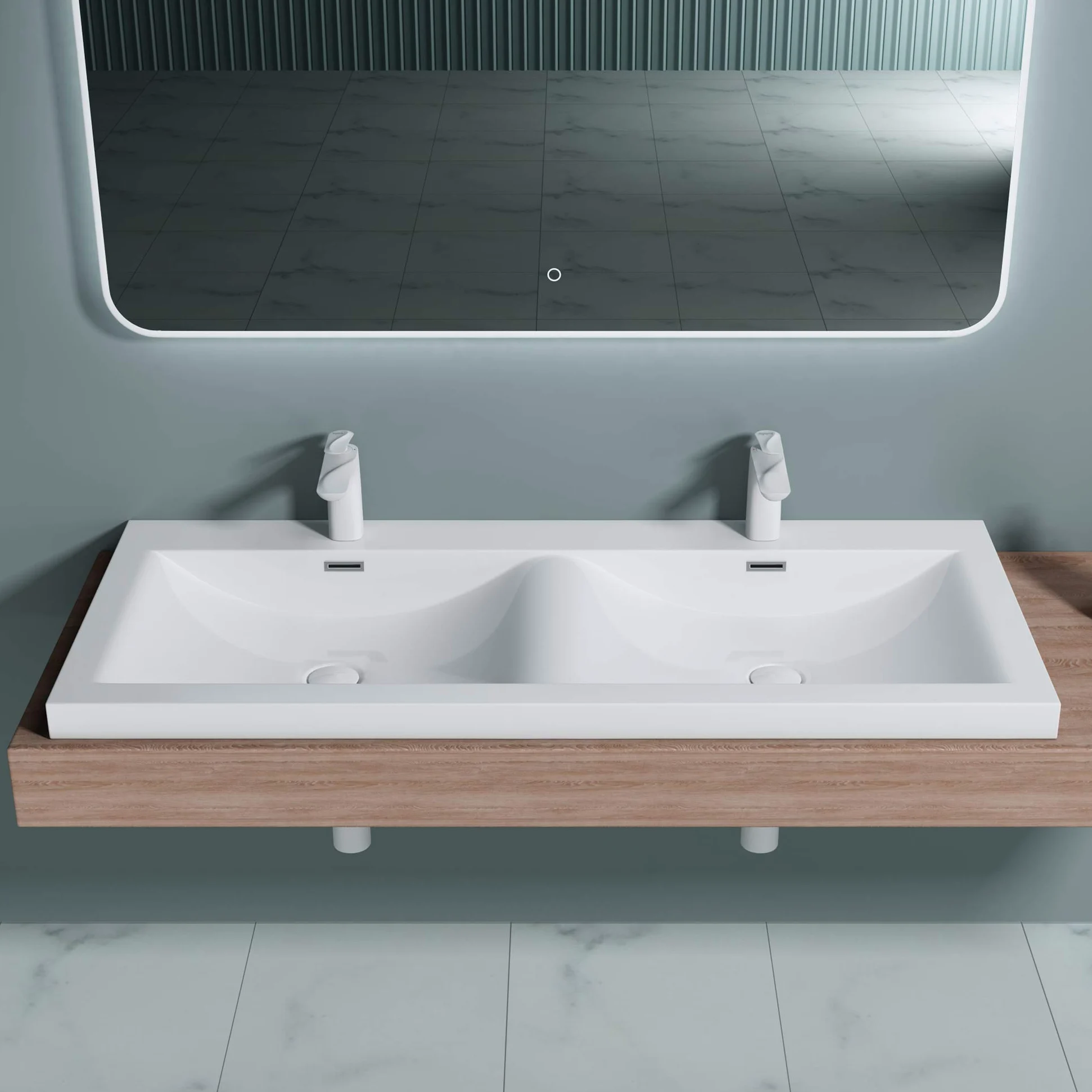 doporro Lavabo da Incasso 120 cm Doppia Vasca in Marmoresina Bianco Lucido, Lavabo Bagno Integrale Soprapiano con 2 Fori Rubinetto e Troppopieno Colossum03