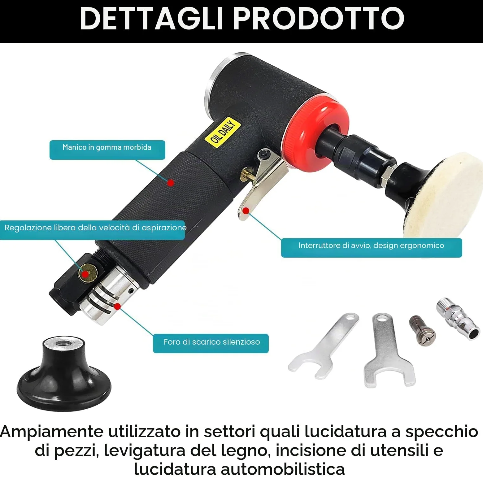 Mini Lucidatrice Auto, Mini Smerigliatrice Angolare Pneumatica con Mandrino a Pinza da 6 mm e 3 mm, Include Carteggiatrice e Mini Levigatrice con Set di 20 Dischi da 2 Pollici a Cambio Rapido