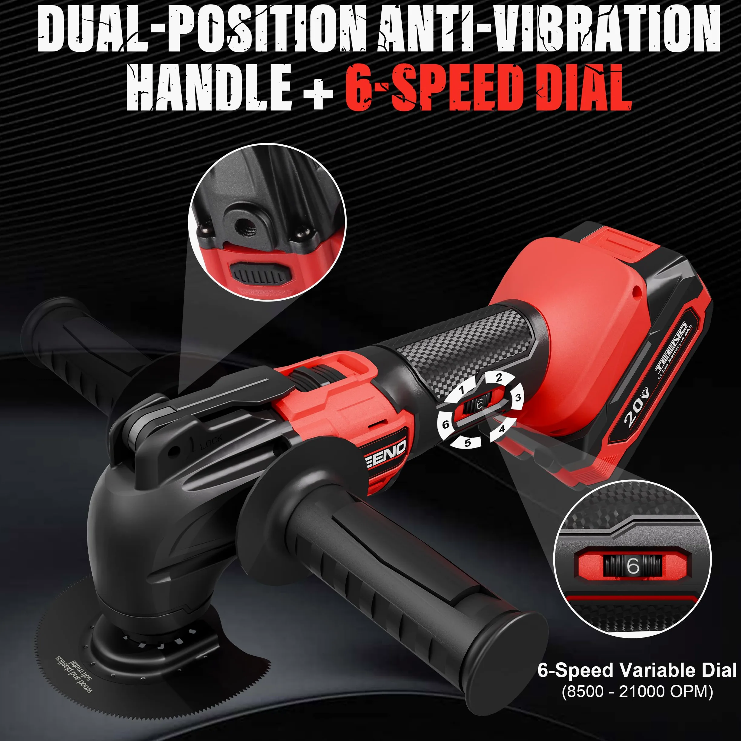 Strumento multifunzione oscillante senza fili 20 V, Brushless Strumento multifunzione senza fili con 6 velocità, 2 x 4.0 A batterie, 8500-21000 giri/min, caricabatterie, angolo oscillante 4°, per