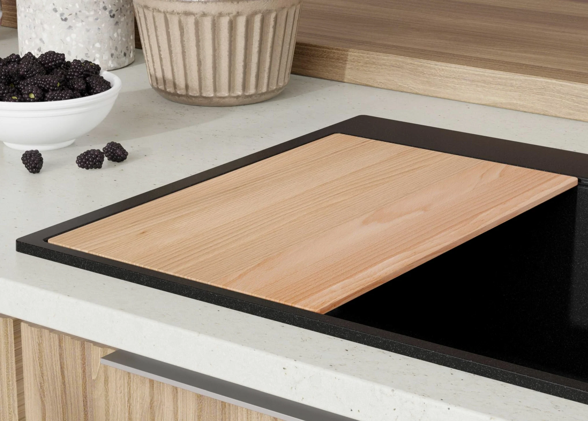 PRIMAGRAN Lavello Angolare Nero 88x50cm, Lavandino in Granito a 1 vasca + Sifone Classico + Tagliere, Lavabo da Cucina Incasso al Mobile 90cm - Oslo 90 Top S705