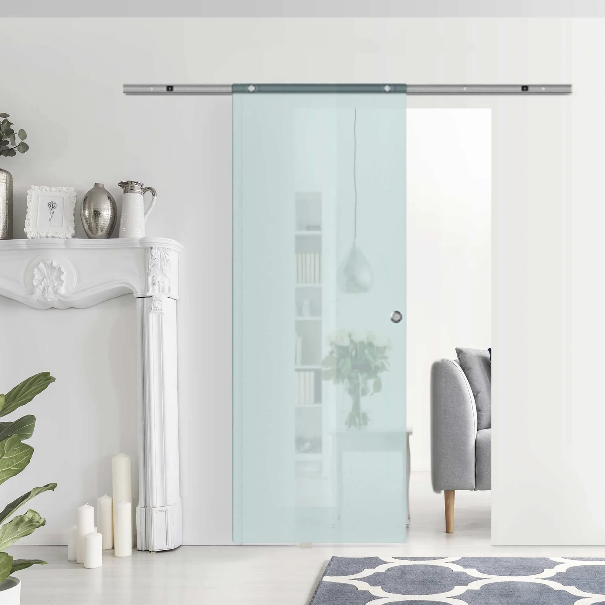 HOMCOM Porta Scorrevole in Vetro Smerigliato con Binario in Alluminio per Bagno Cucina Studio Vetro 205cm