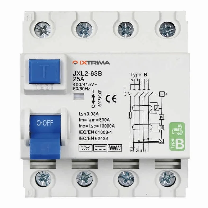Interruttore Differenziale Puro Magnetotermico 4P 25A 30mA CURVA B 6KA AC/DC 380V 30mA CURVA B per Guida DIN - 4 Moduli DIN - Protezione Circuiti e Sicurezza Impianti