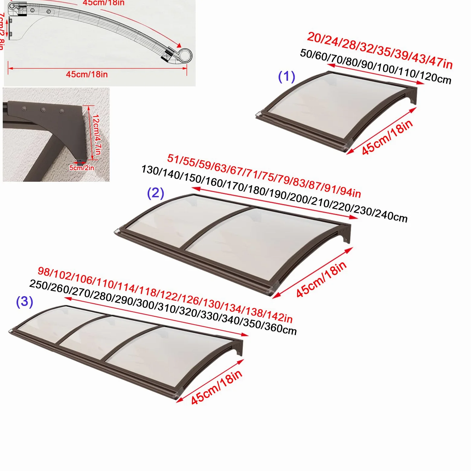 Pensilina Tettoia per Porta Balcone Esterno,Tenda da Veranda Pensilina in Policarbonato e Alluminio, Tendalino per Finestra Antivento Resistente ai Raggi Uv,con Accessori (45x150cm/18"x59")